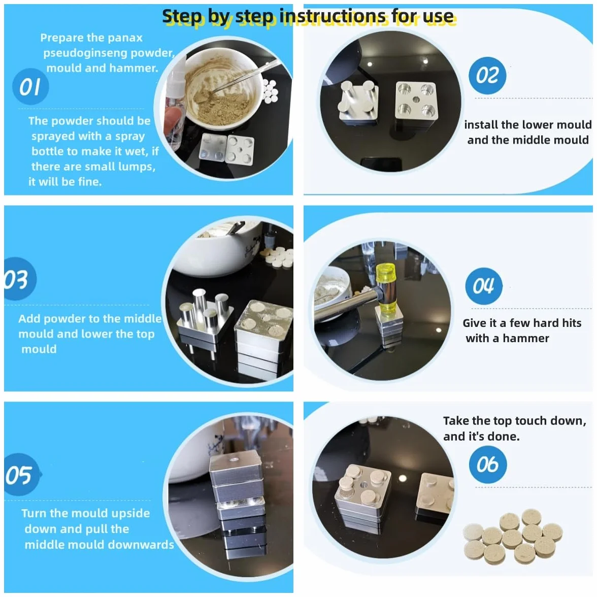 Piccola pressa per compresse di polvere in alluminio stampi per polvere di latte (9 fori)