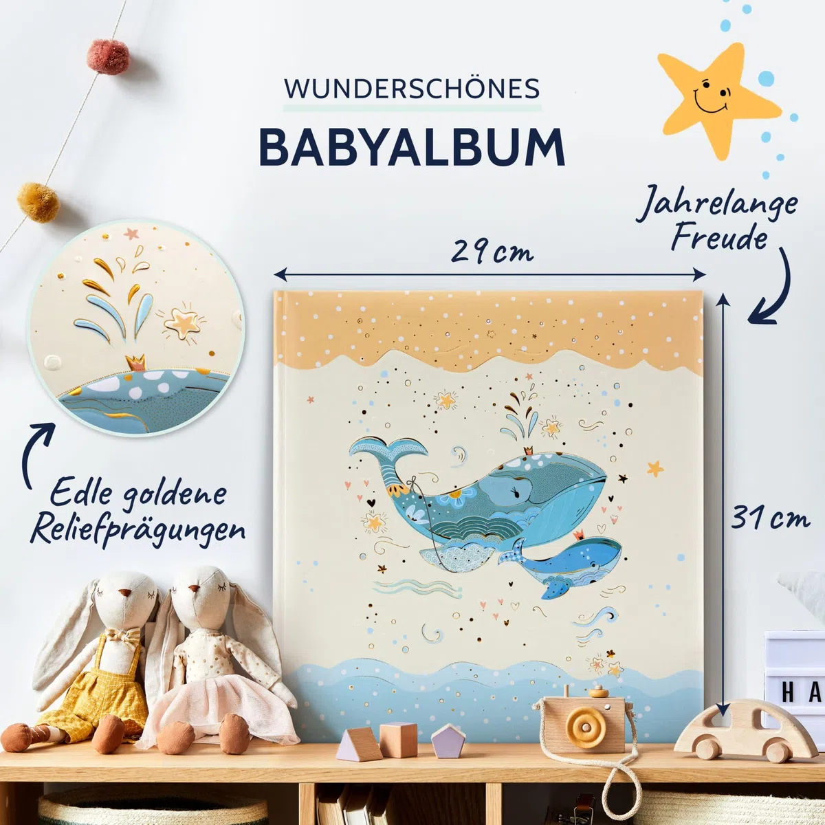 goldbuch 15 395 Blue Whale - Album fotografico per neonati, 30 x 31 x 4 cm, 58 pagine bianche e 4 pagine illustrate, copertina in stampa con motivo balena, album, album fotografico, colore: Beige/Blu
