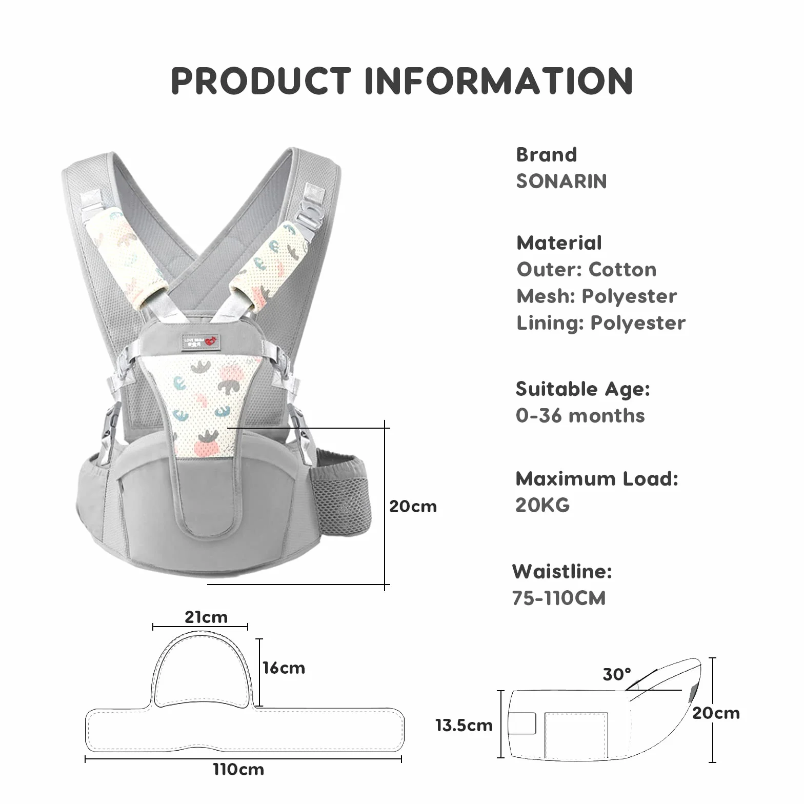 SONARIN Semplice Hipseat Marsupio,Marsupio Neonati con Sedile Multifunzionale Traspirante Portantina Ergonomico Porta Bambino Fascia Porta Bebè per Neonati Bambini 0-36 Mesi(Grigio)