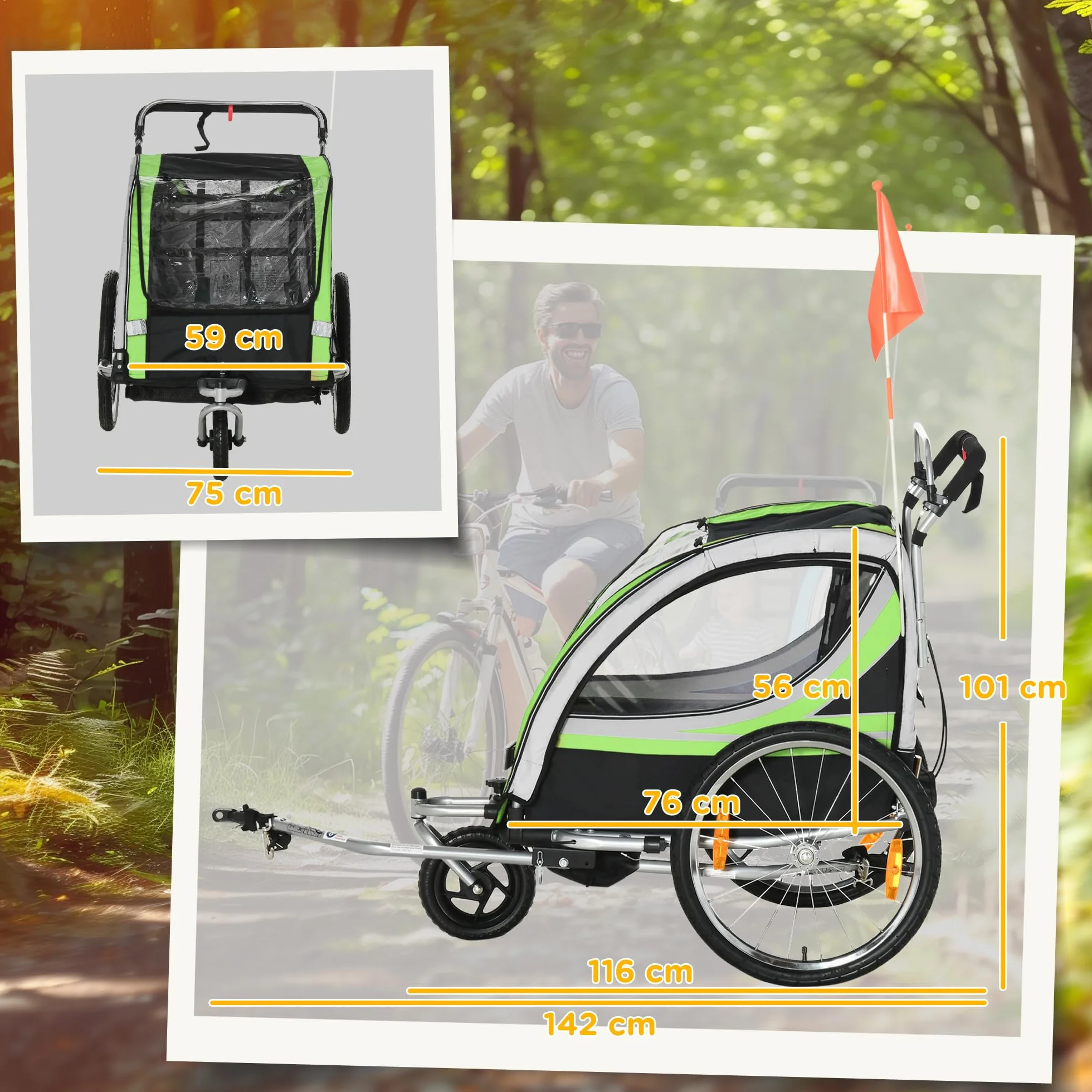 HOMCOM 2 w 1 Przyczepa Rowerowa dla Dzieci z Obrotowym Kołem Przednim 360° i Hamulcem, 142 x 75 x 101 cm