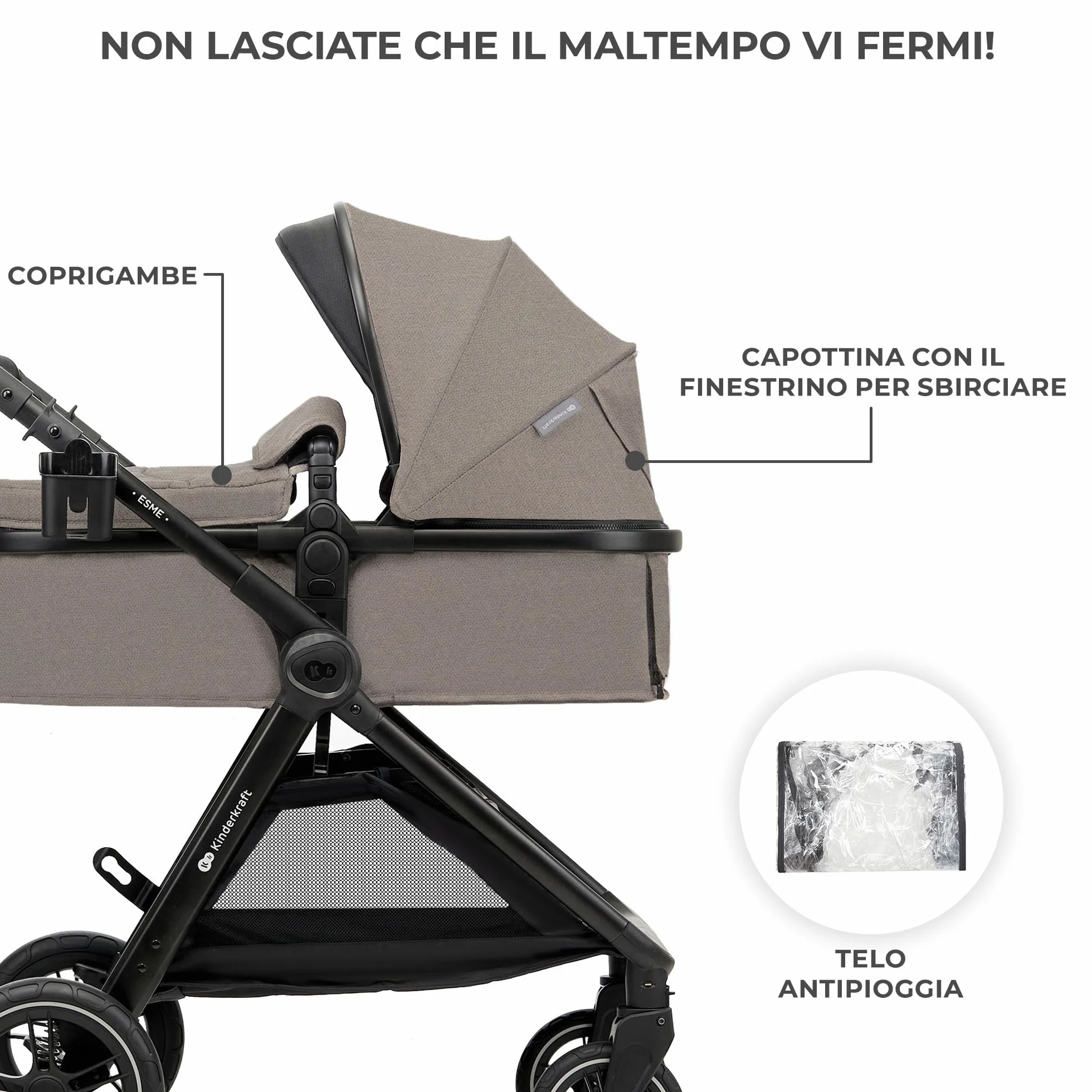 Kinderkraft ESME Trio passeggino neonati 3 in 1 fino 26 kg, Ovetto I-SIZE 40-75 cm, Carrozzina reversibile, Pieghevole, Beige