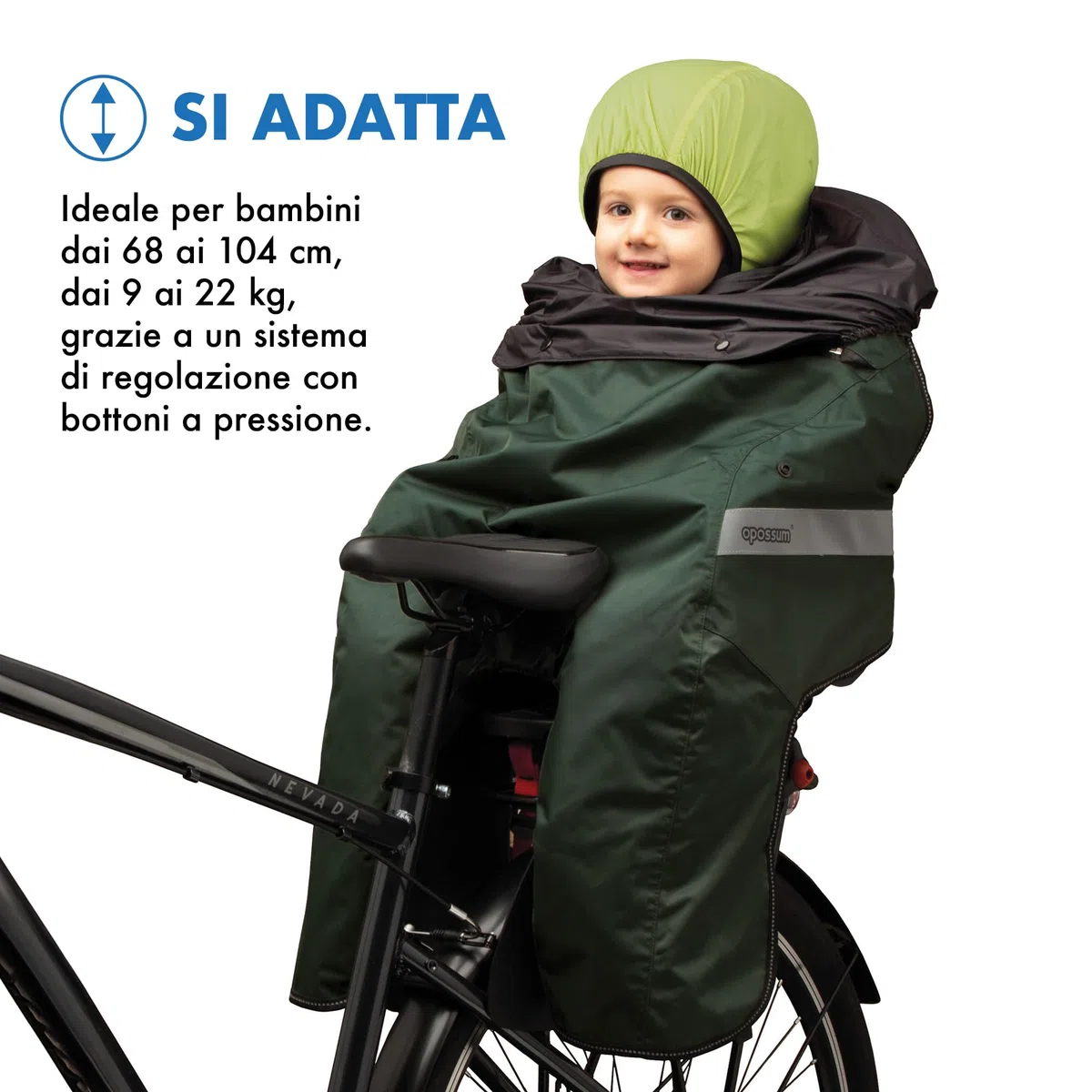 Opossum termoguscio Compatibile con seggiolini Posteriori da Bicicletta. Copertina Termica Bimbi dai 68 ai 104cm e dai 9 ai 22kg. Guscio Termico Universale. Antivento ed Impermeabile.
