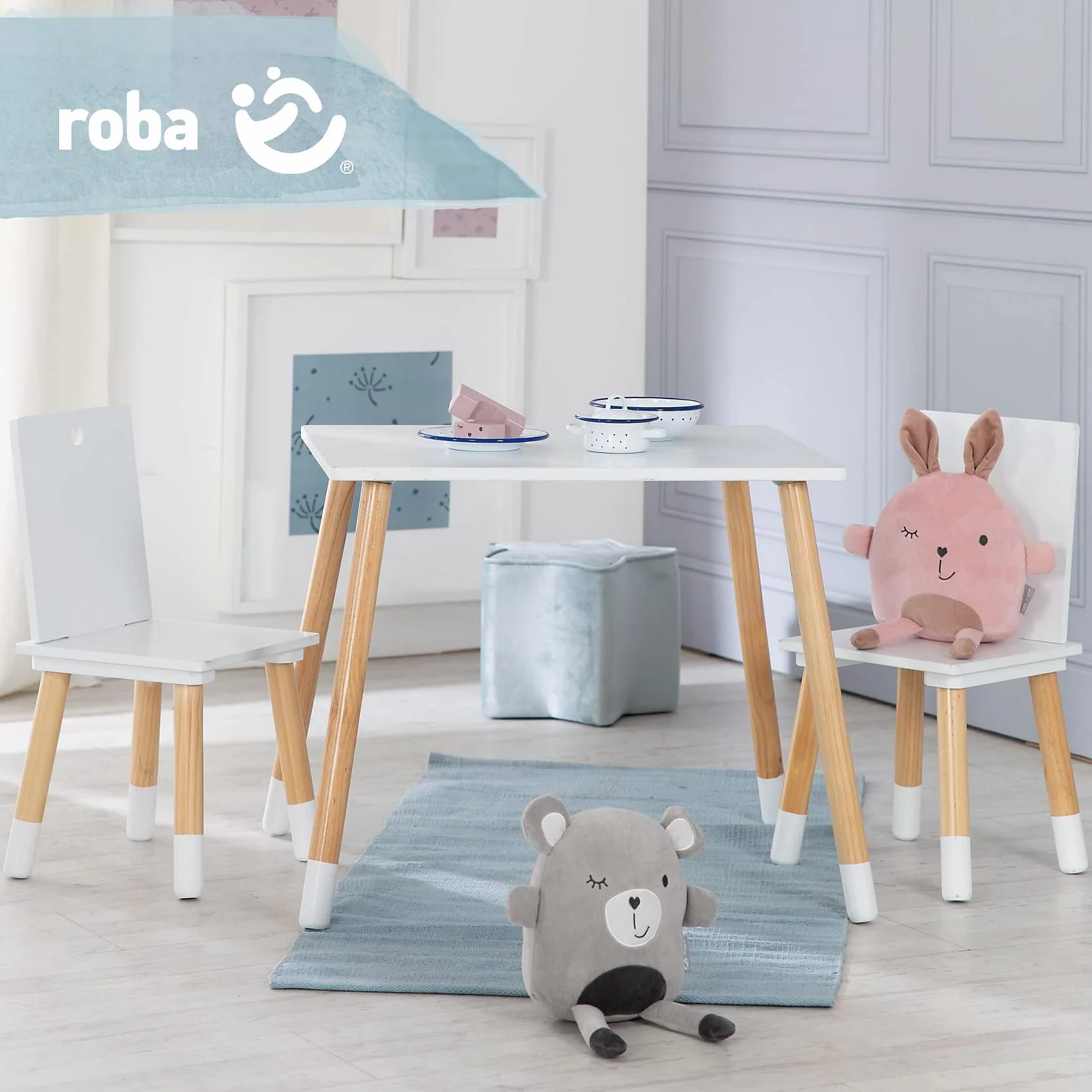 roba Set Tavolo + 2 Sedie per Bambini - da Esterno e da Interno - 3 Altezze Regolabili - Piedi in Legno Massiccio - Stile Scandinavo - Legno Naturale e Laccato Bianco