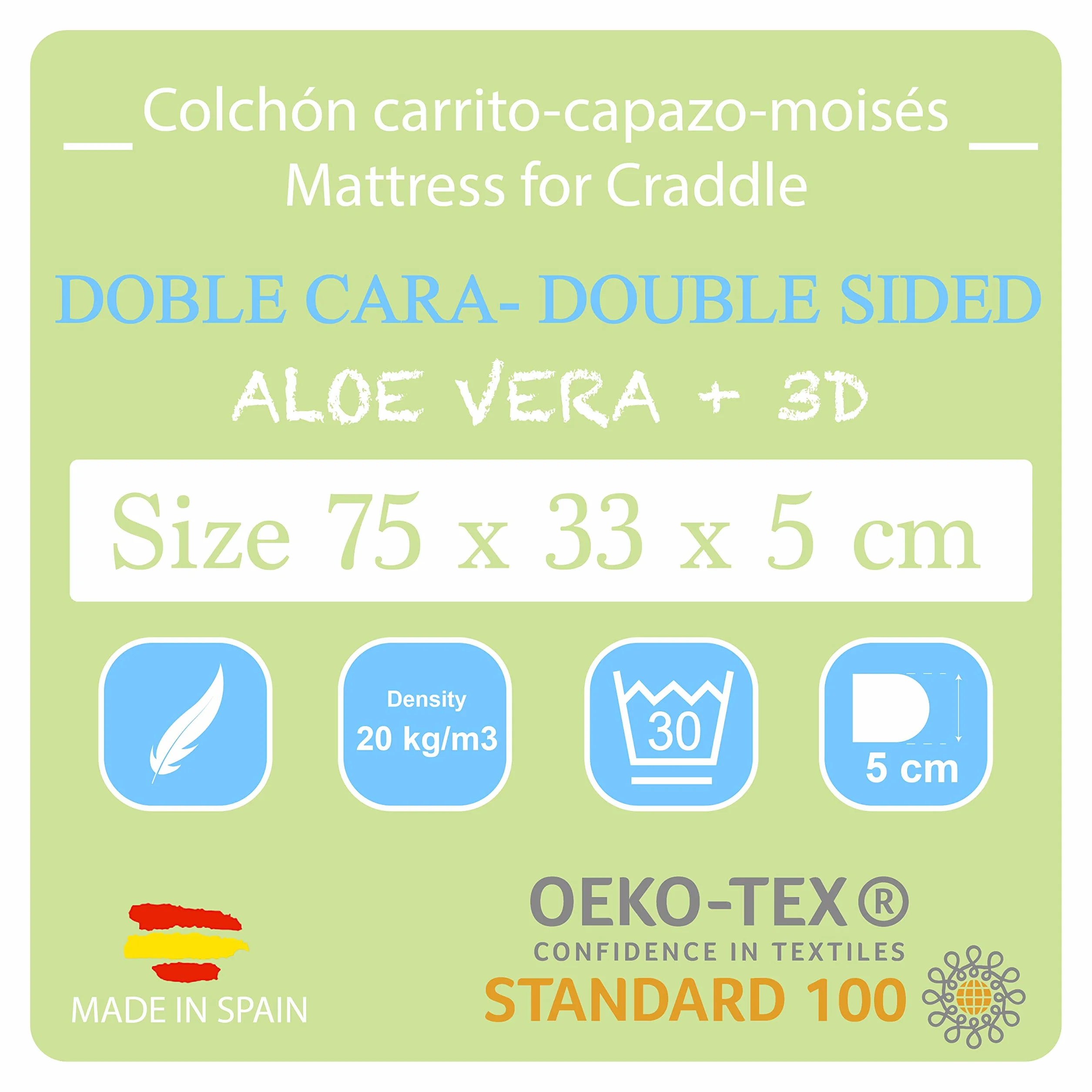PEKITAS Materasso ovale universale 75 x 33 cm Navicella passeggino Moises altezza 5 cm doppio lato traspirante fodera lavabile