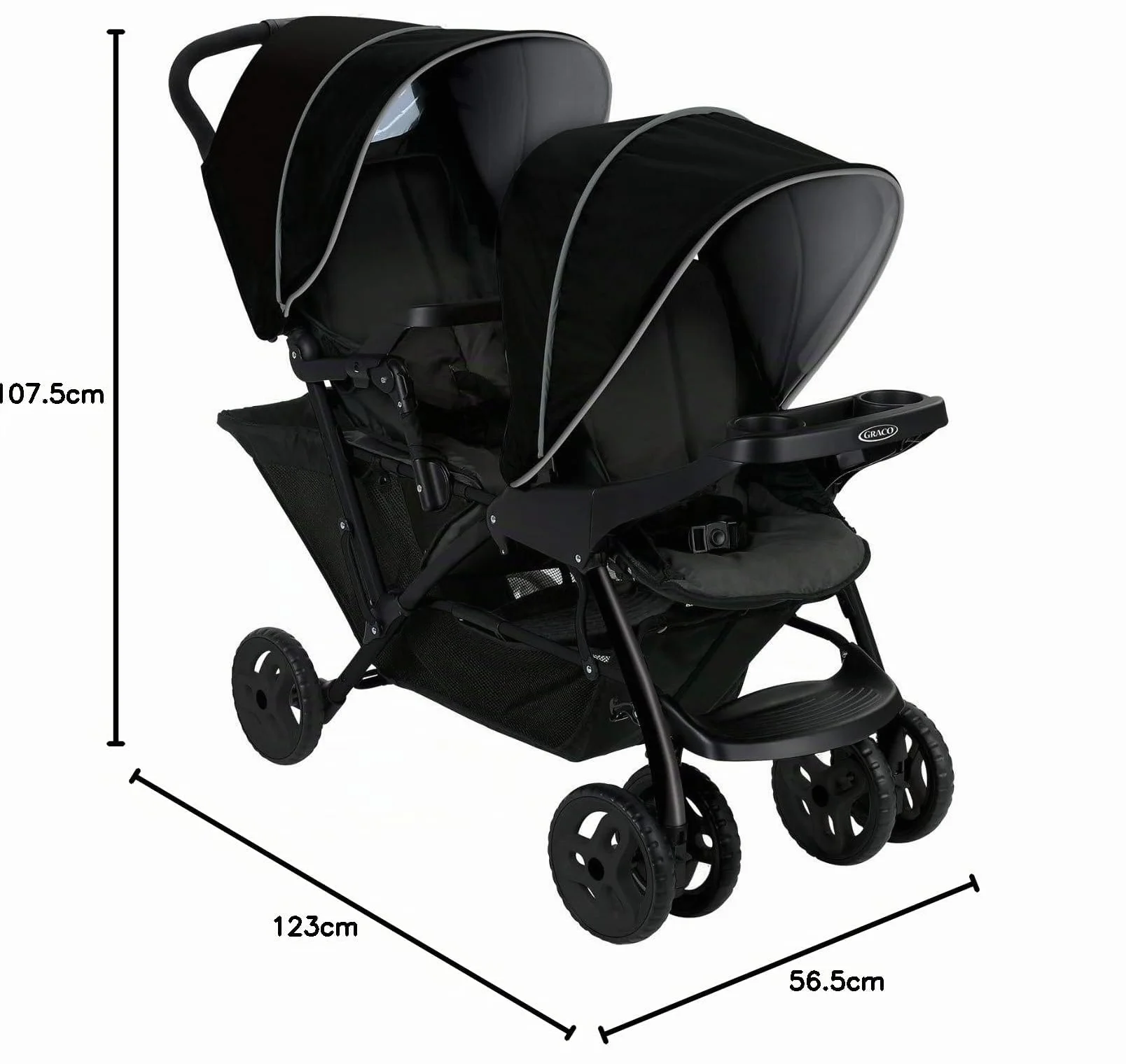 Graco Stadium Duo passeggino gemellare maneggevole, dalla nascita fino a 3 anni, max 15 kg, Black&Grey, compatibile i-Size SnugEssentials o SnugRide i-Size