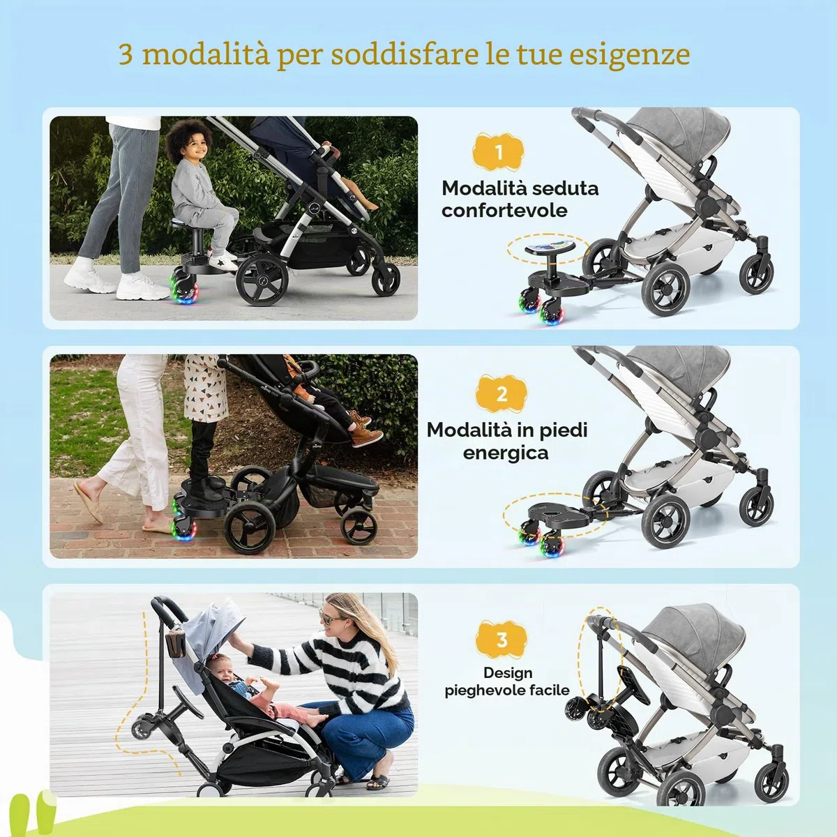 Passeggino con ruote a LED, pedana per passeggino, per bambini da 2 a 6 anni (25 kg), compatibile con il 99% di tutti i passeggini