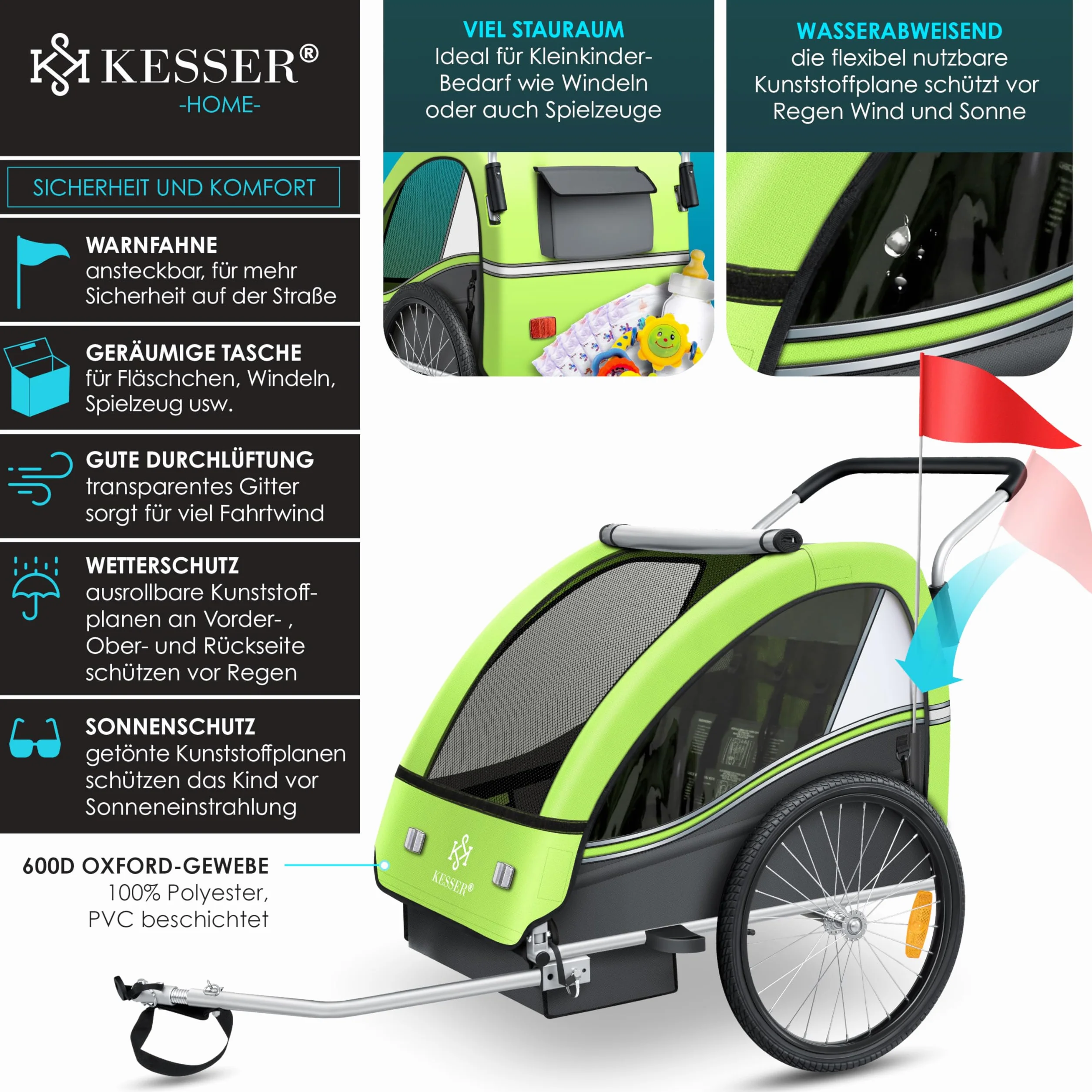 KESSER® Rimorchio per bambini da bicicletta Sport-RX 2 in 1 funzione jogging cintura di sicurezza a 5 punti ruota anteriore girevole 360°