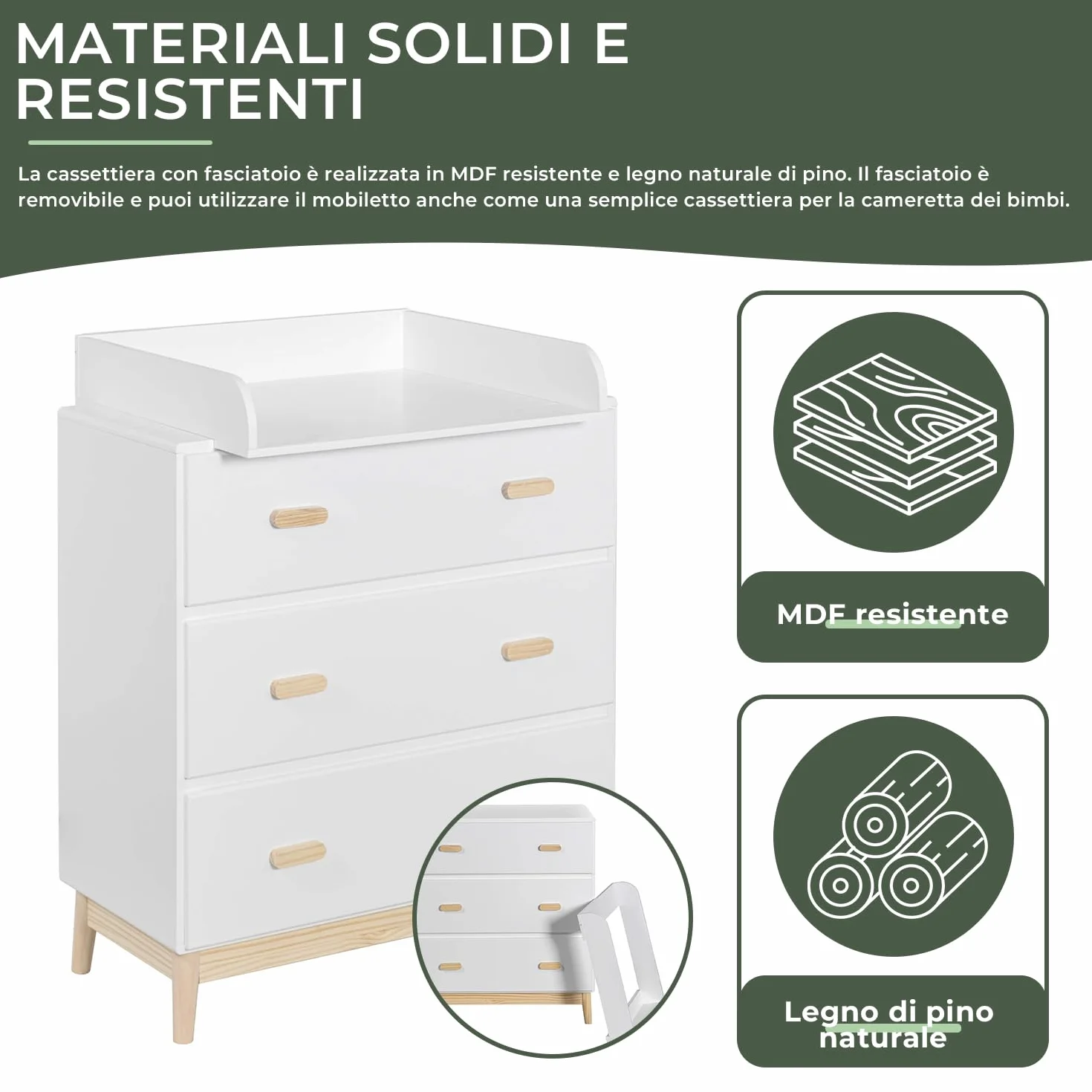 Rebecca Mobili Fasciatoio con Cassetti 3 Cassetti Bianco Marrone MDF Pino 100x80x42 cm