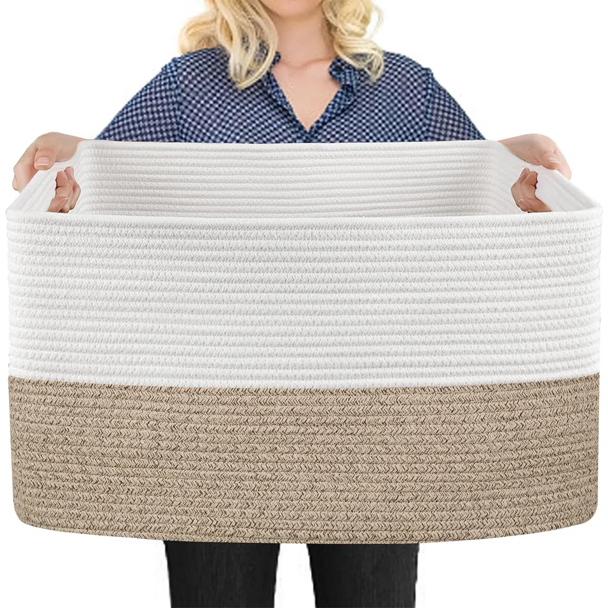 MEGASKET Cesto Rettangolare Extra Large in Corda di Cotone, 60 x 39,9 x 35,8 cm, per Coperte, Cuscini in Vimini, Portaoggetti Morbido per Bambini e Giocattoli