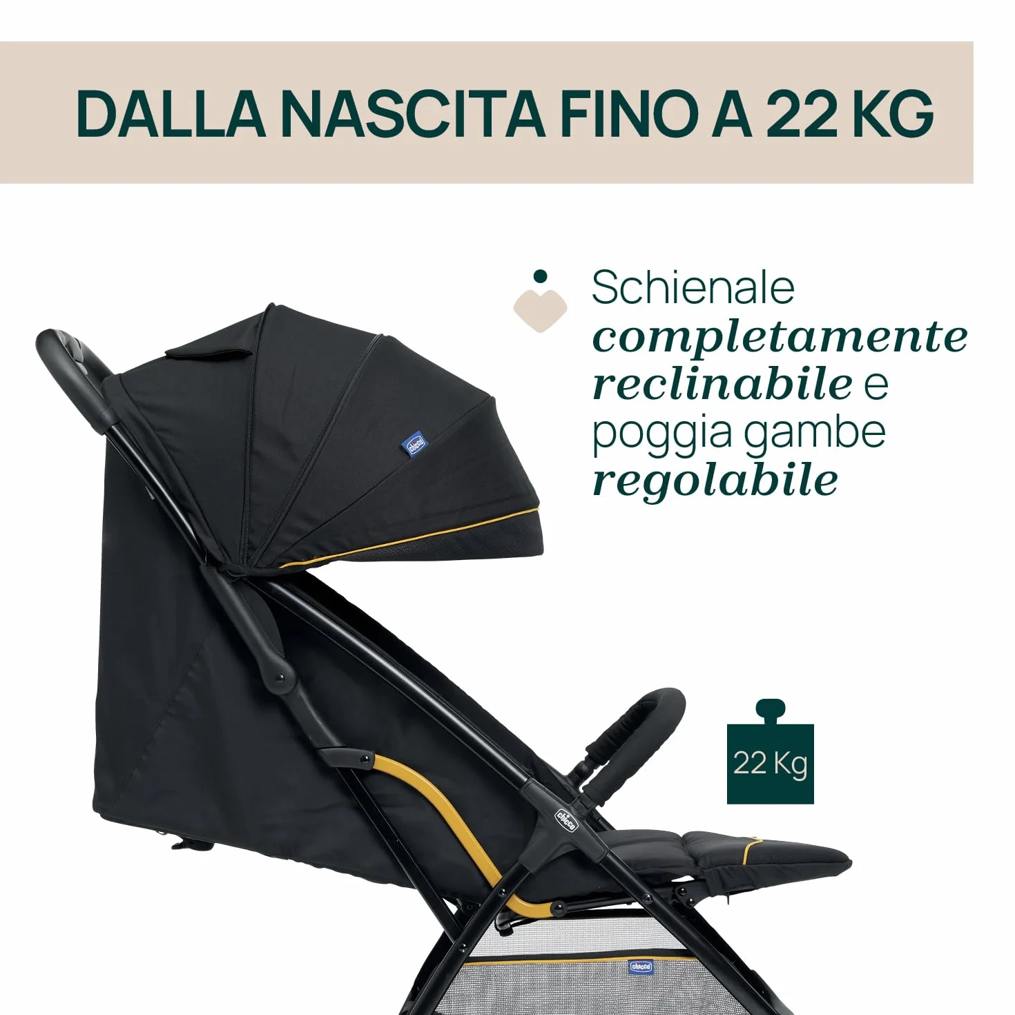 Chicco Glee Passeggino 0+ Mesi-22 Kg Chiusura Automatica Compatta Capotte UV50+ Antipioggia Schienale Reclinabile Poggiagambe Grigio