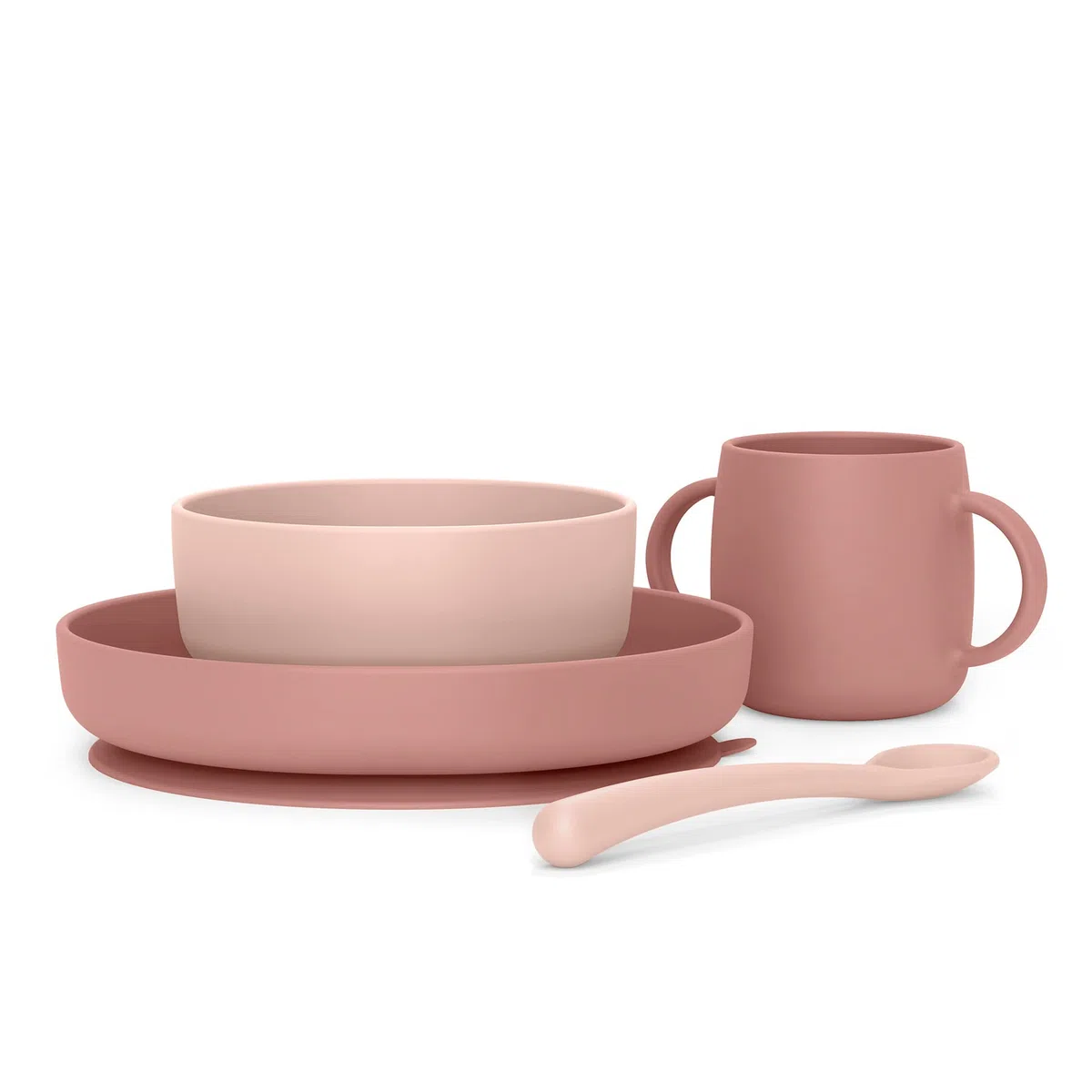 Suavinex, Stoviglie per Bambini in Silicone, con Ventosa Resistente. Include: Ciotola da 350 ml + Piatto da 400 ml + Tazza da 240 ml + Cucchiaio, +4 Mesi. Colour Essence, Rosa