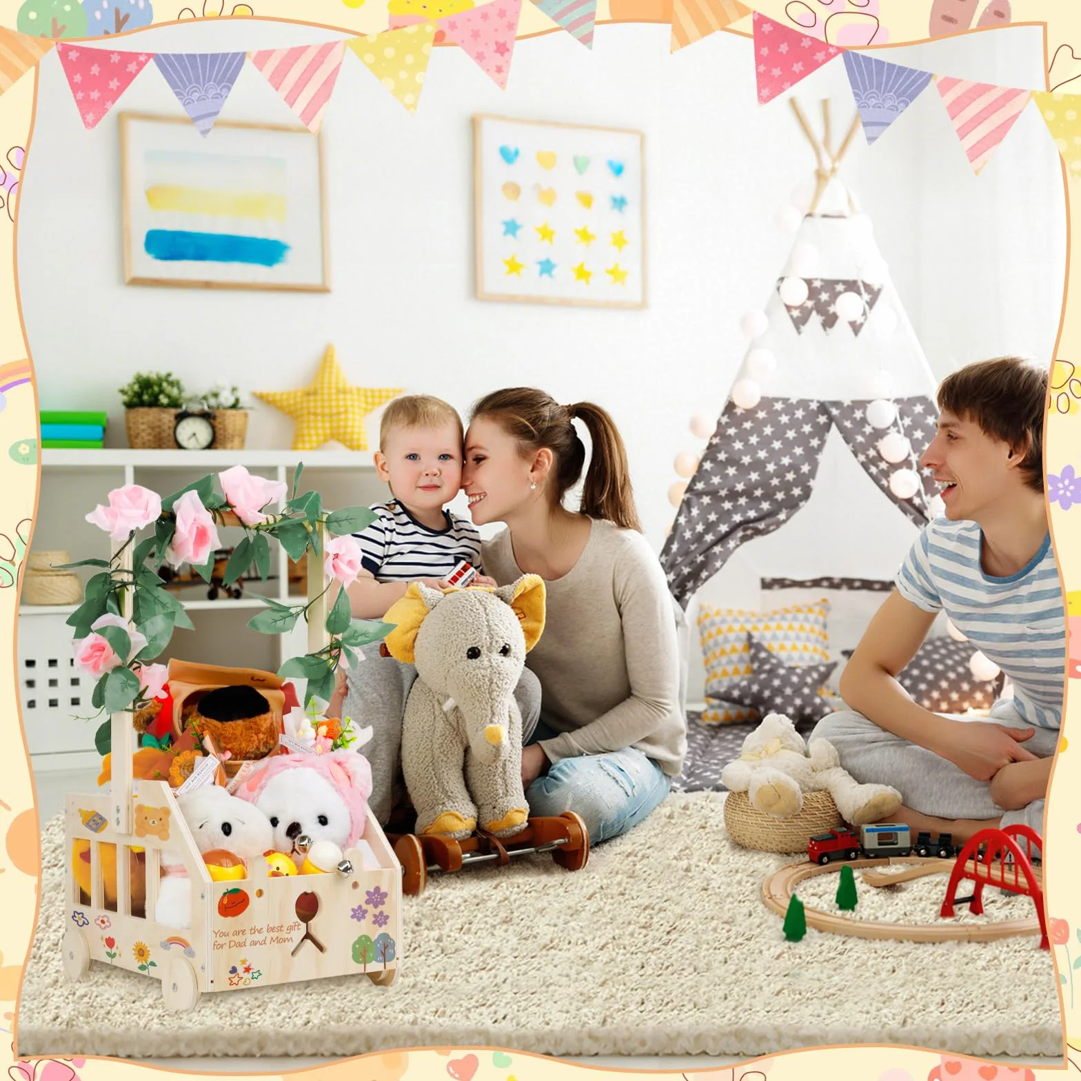 Wooden Baby Basket Cesto Baby Shower con Manico Cestino in Legno per Baby Shower con Ruote Cesta Giochi Bambini in Legno Cesto Portagiochi Bambini con Tag e Appendiabiti Cesto Nascita Bimba