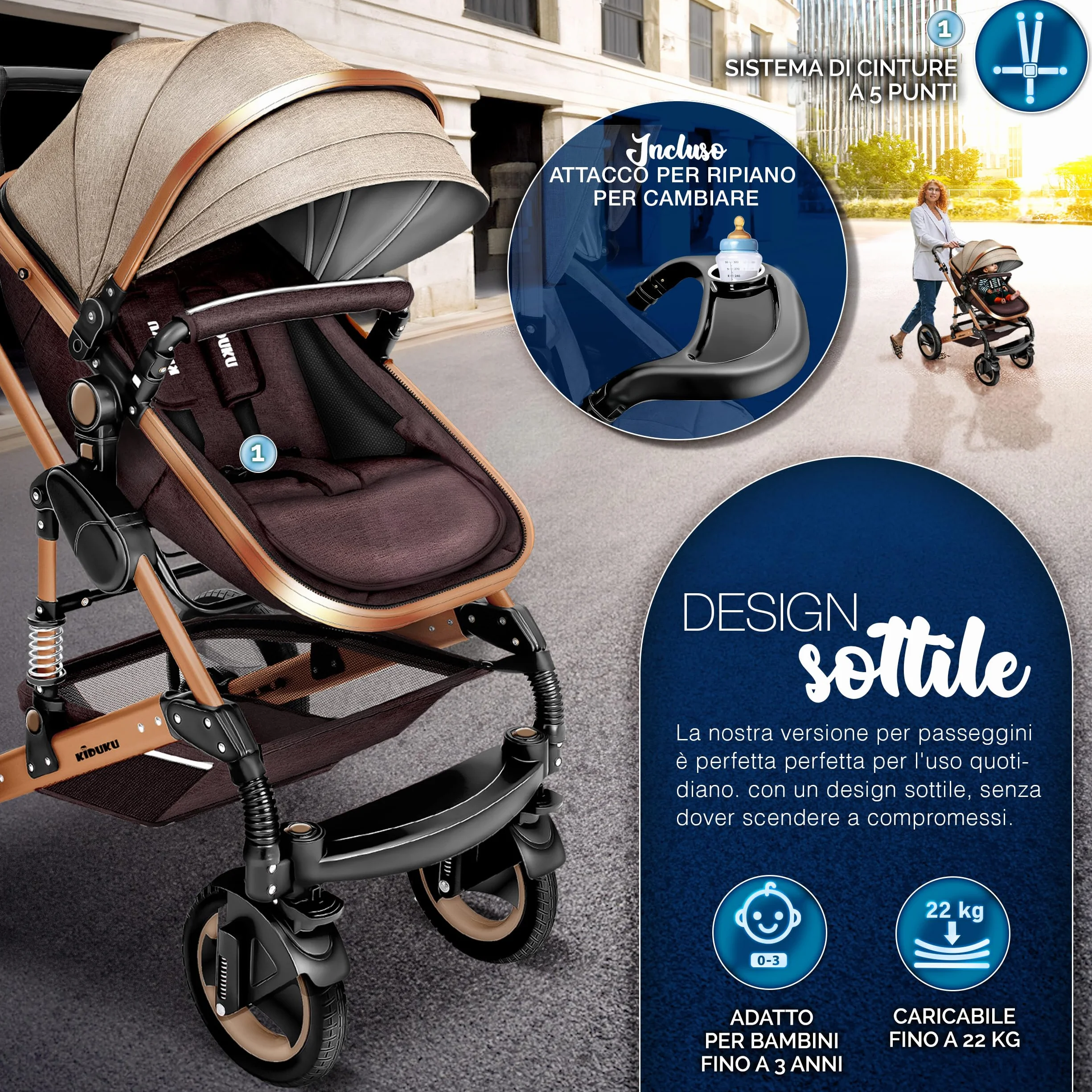 KIDUKU 3 in 1 Passeggino Completo Trio Sistema Combinato con Navicella Ovetto Seggiolino Auto Coprigambe ECE R129