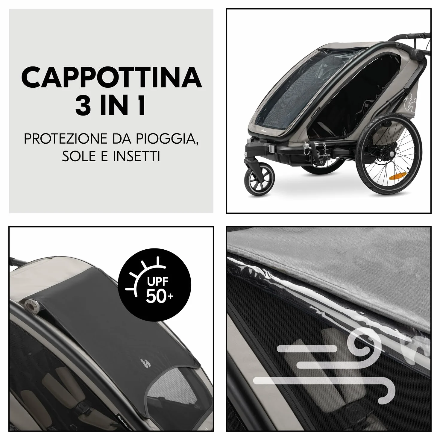 Hauck Bike N Walk Duo 3in1 Rimorchio Bici Bambini 2 Posti 22 kg 120 cm Light Grey