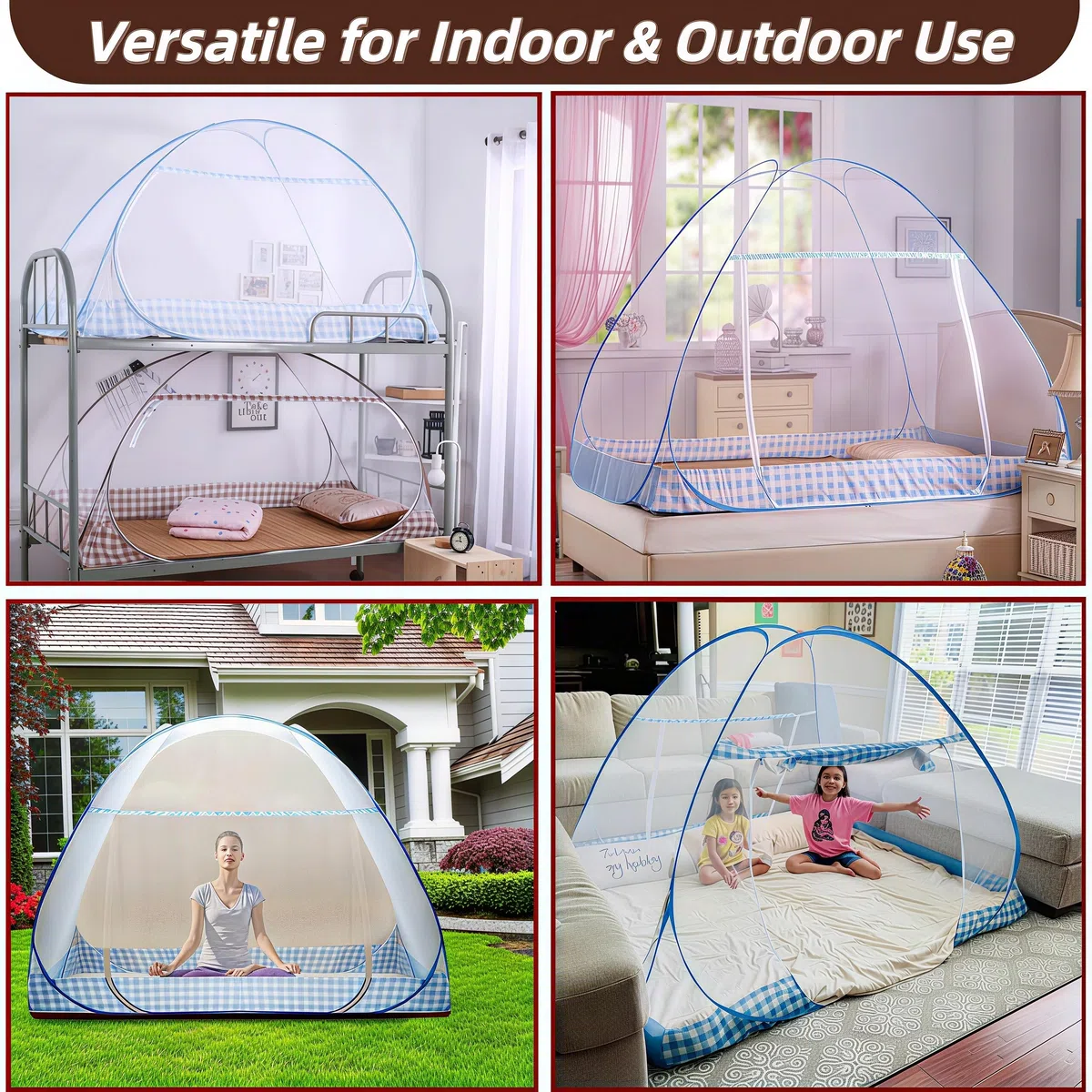 Digead Pop-up Zanzariera a Cupola per Letto Matrimoniale, 120x200 cm con Doppia Porta, Leggera e Traspirante in Poliestere Misto, Pieghevole e Portatile per Casa Viaggio Campeggio - Bordo Marrone