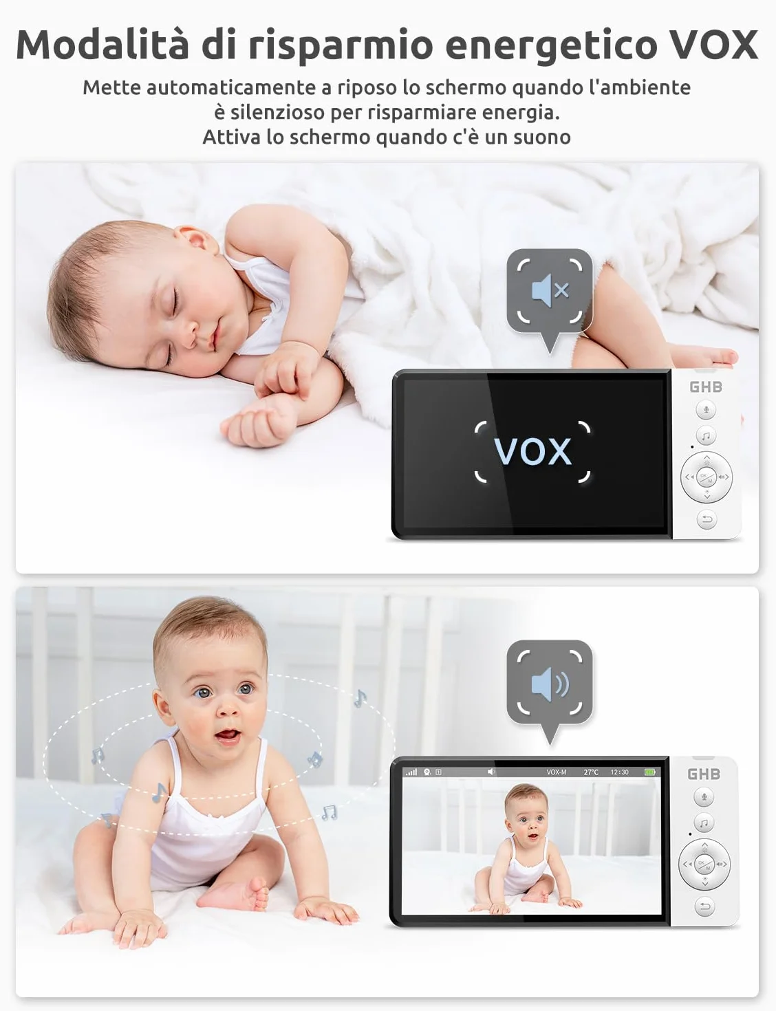 GHB Baby Monitor Video e Audio 5" 720P HD Telecamera Bambini con Schermo IPS 5000mAh VOX Visione Notturna Rilevamento della Temperatura