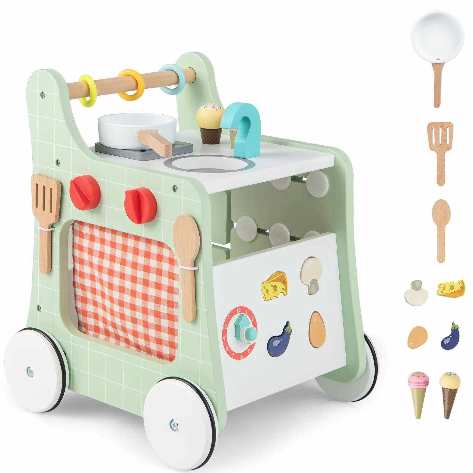 COSTWAY Carrello Primi Passi in Legno per Bambini, Centro Attività Montessori con Giacattoli, Gioco Educativo con Ruote, Girello per Bambini 12 Mesi +, 31 x 34,5 x 42 cm (Verde)