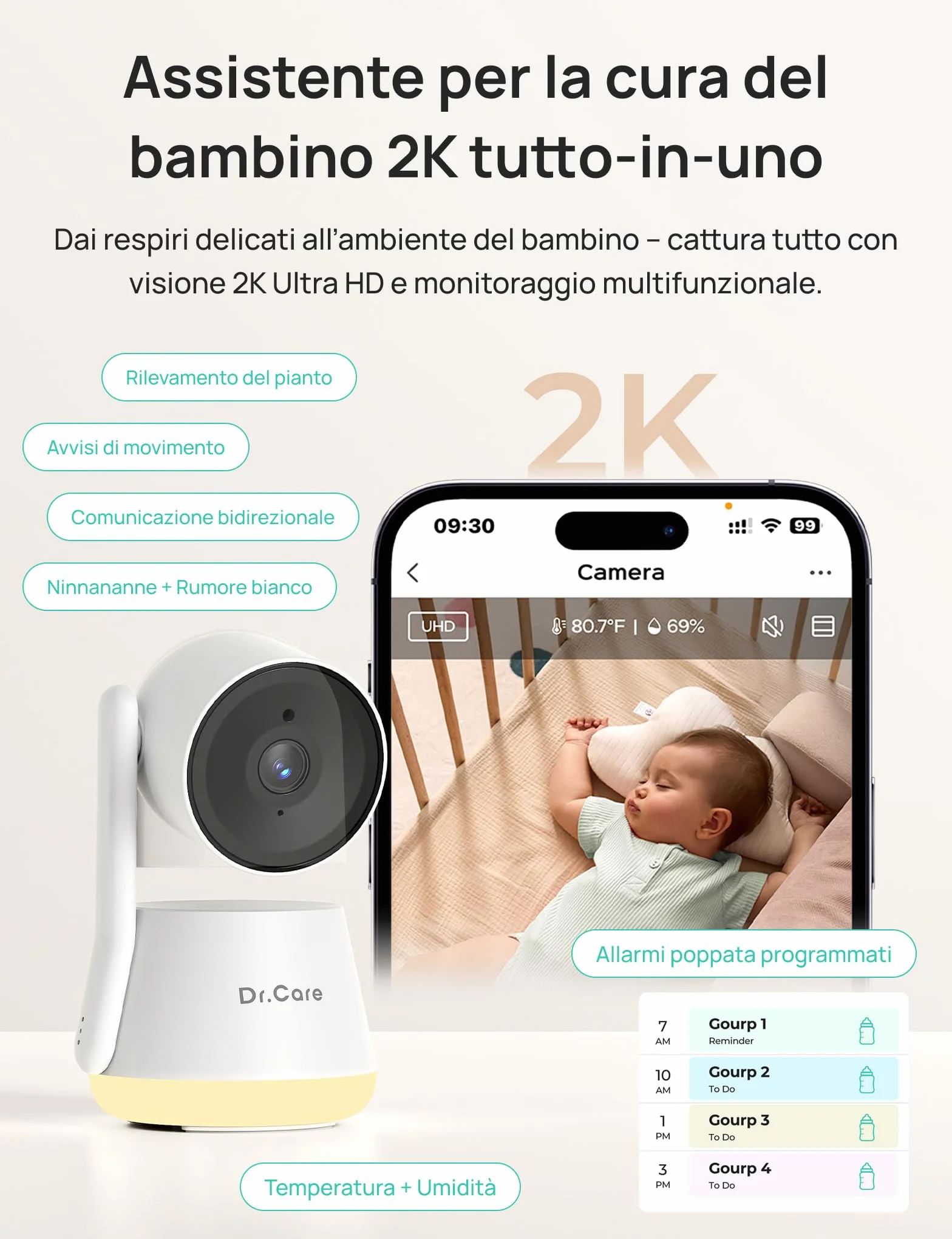 Dr.Care LumiView Baby Monitor WiFi SBM003-1080P FHD & 2K, Controllo App, Modalità Privacy, Batteria 5000mAh, Allarmi Pianto e Movimento, Luce Notturna RGB (5" monitor + 2 camere)