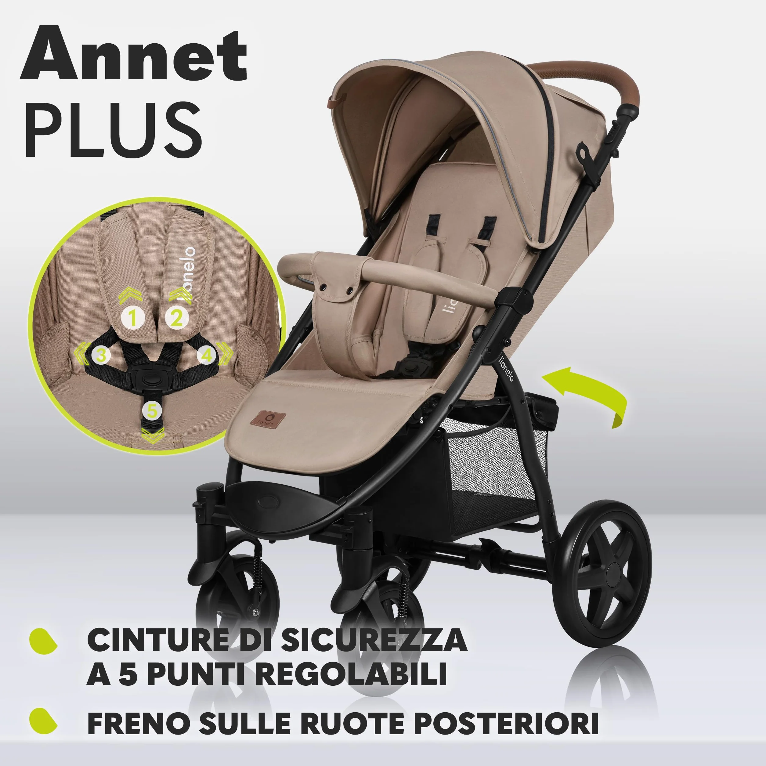 LIONELO Annet passeggino leggero pieghevole grigio regolabile 22 kg ruote EVA cappottina XXL