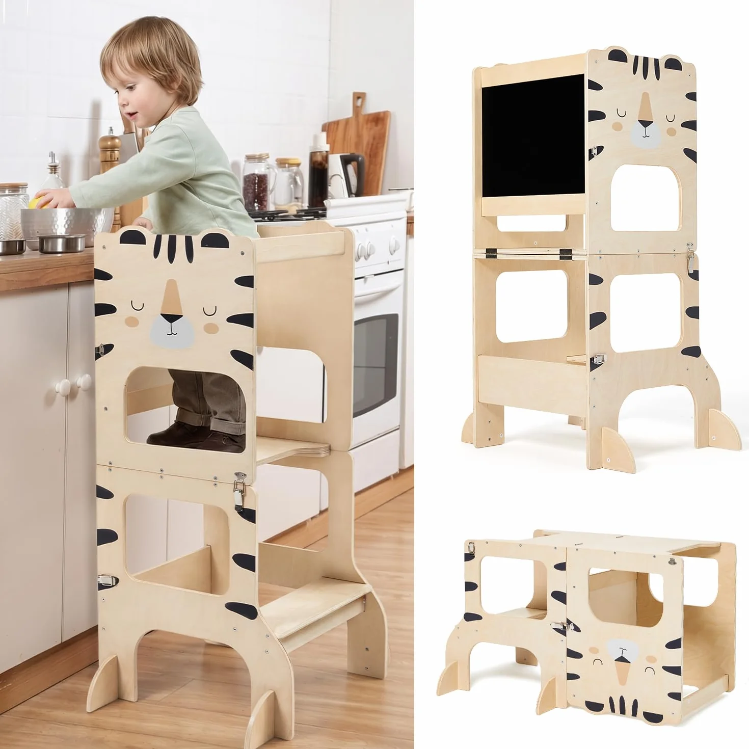 Labebe Torre Montessoriana Pieghevole in Legno 3 in 1 per Bambini con Lavagna