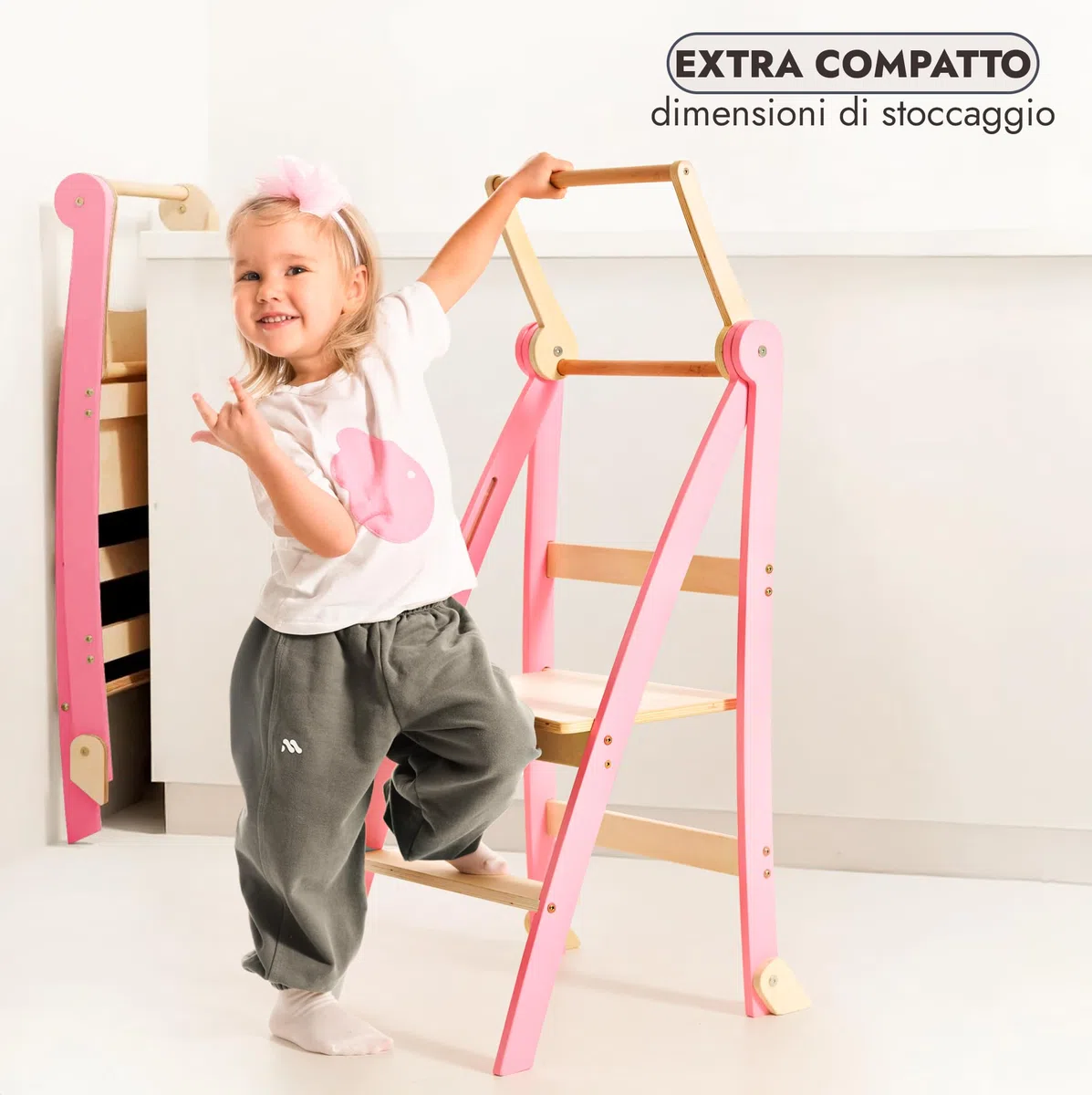 Goodevas Torre di apprendimento in legno Montessori salvaspazio : scala pieghevole in pelle, sgabello per bambini, scala pieghevole per bambini, scala di apprendimento con protezione antiribaltamento