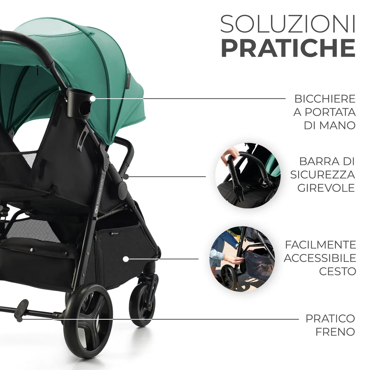 Kinderkraft RINE Passeggino leggero fino 22 kg, Chiusura con una mano, Capotta impermeabile con filtro UPF50+, Barra di sicurezza girevole, Portabicchiere, Verde