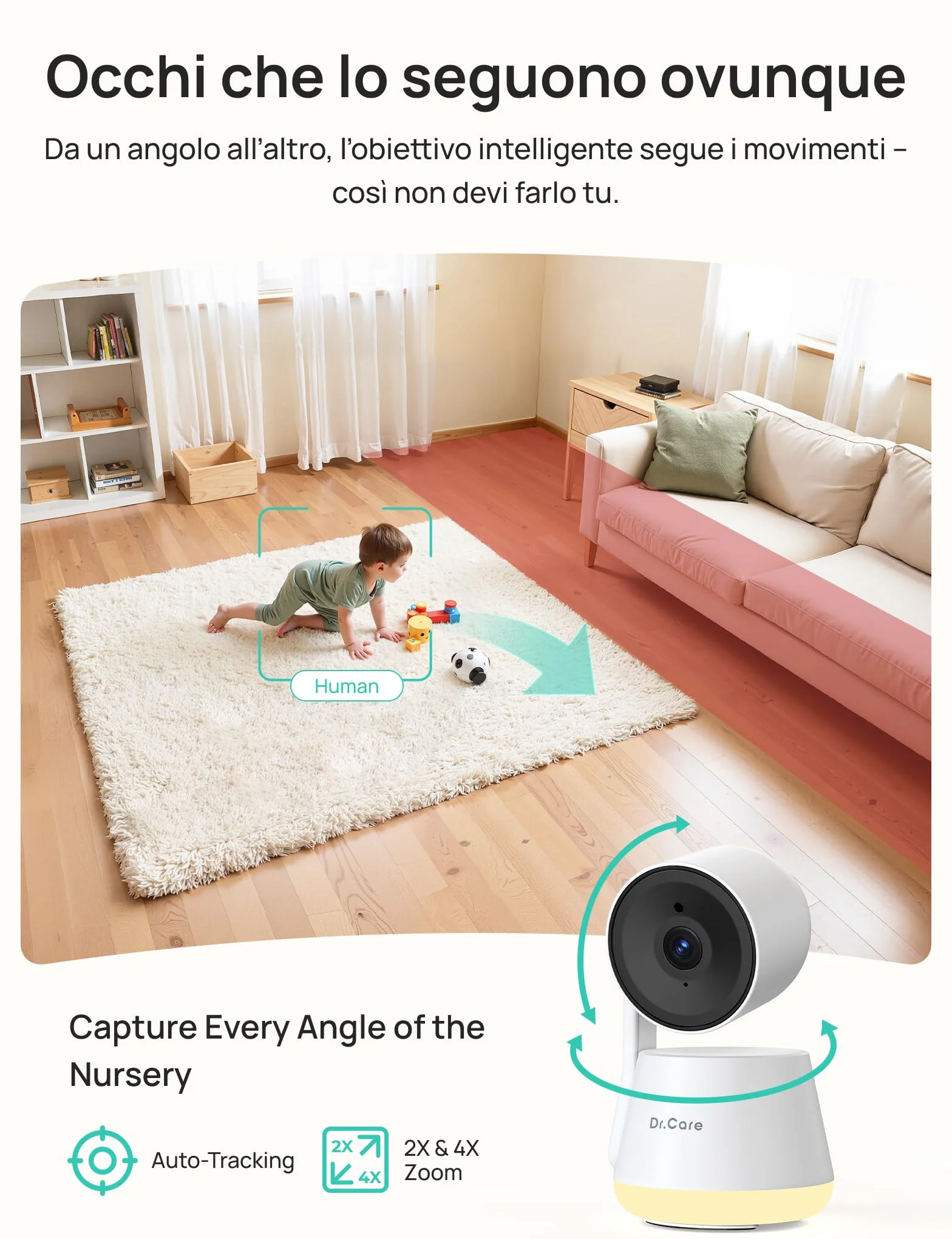 Dr.Care LumiView Baby Monitor WiFi SBM003-1080P FHD & 2K, Controllo App, Modalità Privacy, Batteria 5000mAh, Allarmi Pianto e Movimento, Luce Notturna RGB (5" monitor + 2 camere)