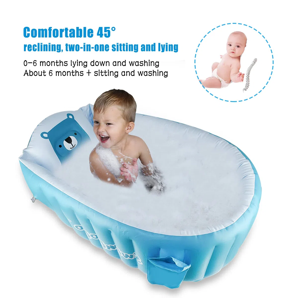 Vasca Gonfiabile per Bambini, AolKee Portatile Pieghevole Bagnetto Gonfiabile Neonato, Piscina Gonfiabile Neonato, Vasca Da Bagno Riutilizzabile Da Viaggio Morbida (per 0-5 Anni) + Pompa Ad Aria, Blu