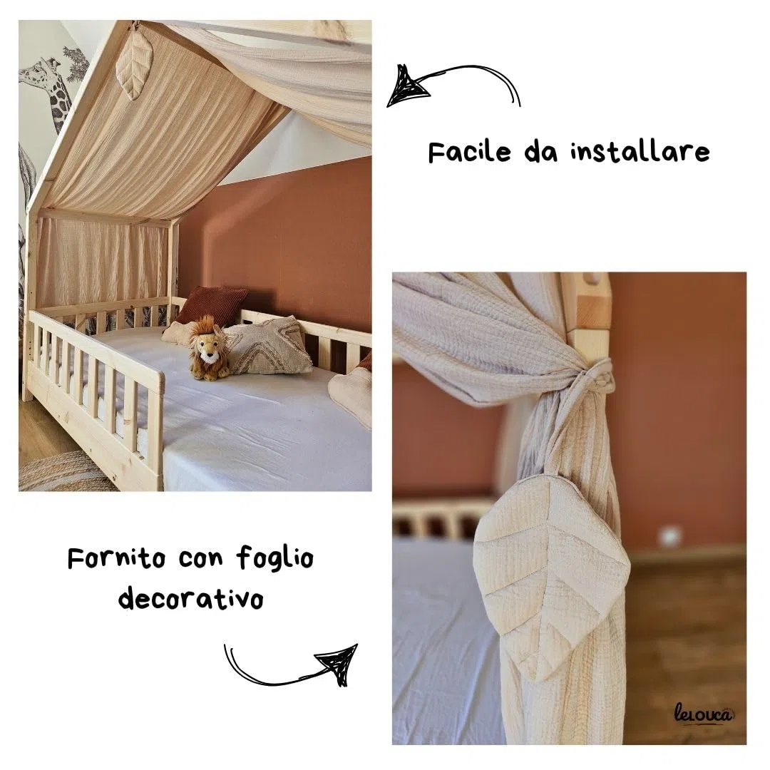 Tenda Letto Bambini Cotone Bio Beige, 100 x 350 cm, Tenda Letto Montessori, Set di decorazioni per la cambretta dei bambini con elementi decorativi e foglia inclusa