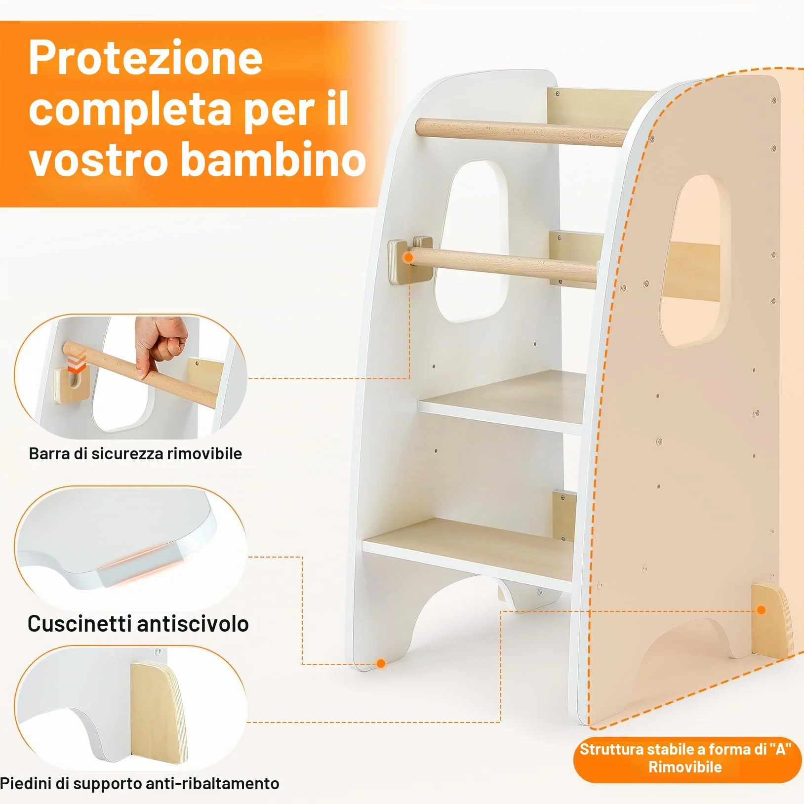 Torre Montessoriana Learning Tower Sicura Altezze Regolabili Doppia Barra Protezione Antiscivolo Anti-Ribaltamento Bianco