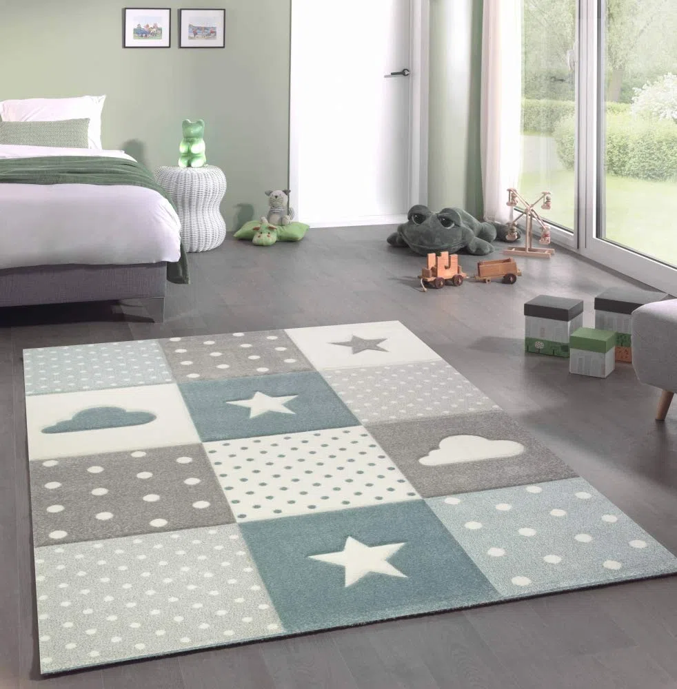 CARPETIA Tappeto da Gioco per Bambini con Stelle e Nuvole in Blu Grigio Crema Größe 160x230 cm