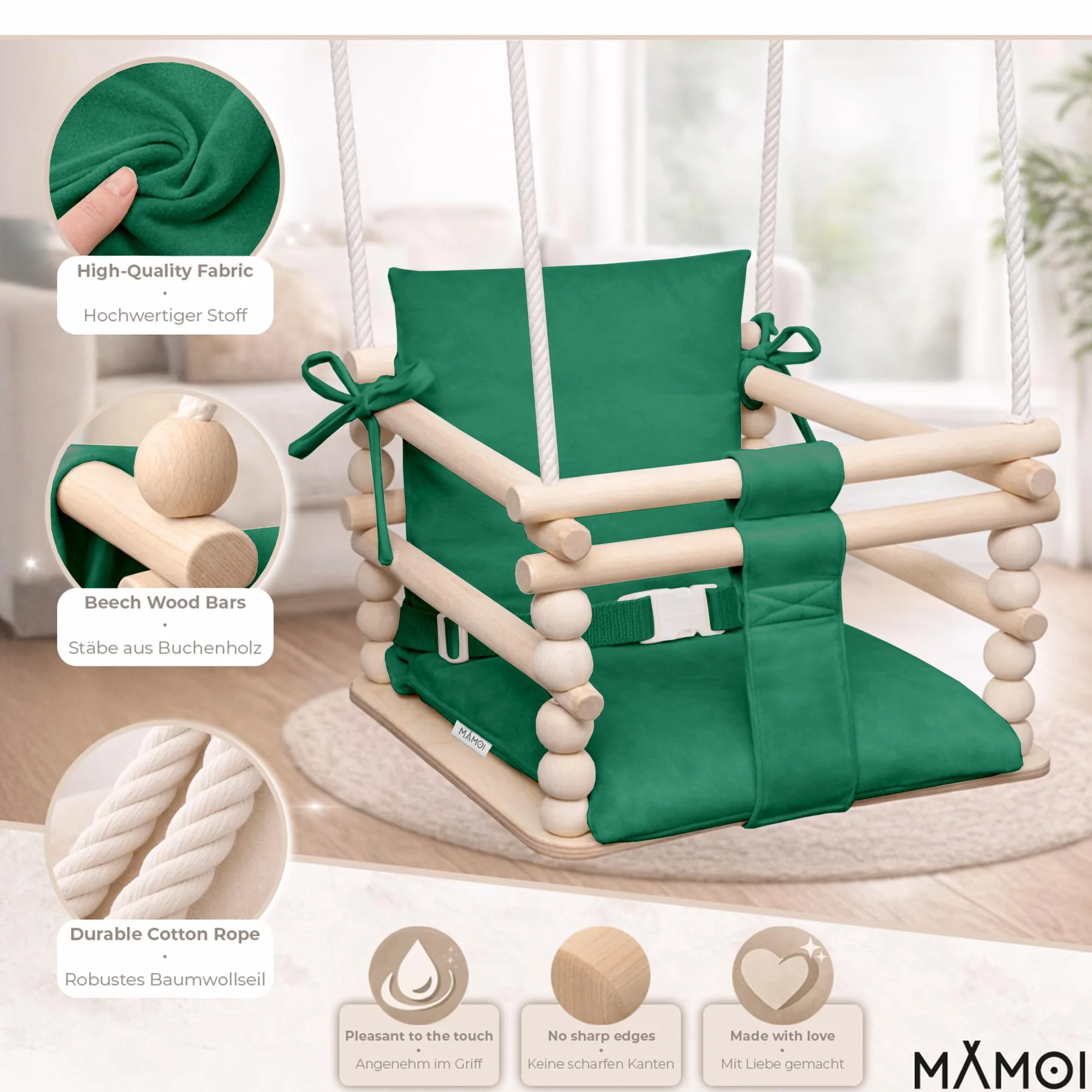 MAMOI altalena per bambini 3 in 1 con cintura di sicurezza, altezza regolabile, altalena da casa, struttura stabile, montaggio facile, altalena da interno per bambini