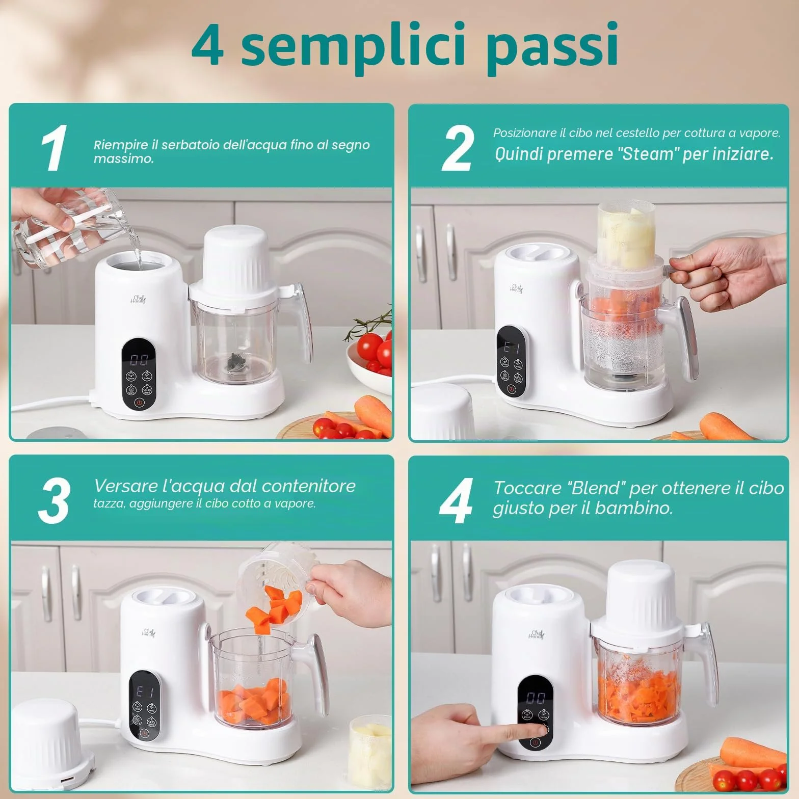 Chefhandy Preparatore 5 in 1 per Alimenti e Porridge per Bambini con Vaporizzatore, Cestello a Vapore, Miscelatore Automatico, Scaldabiberon, Schermo Touch Bianco