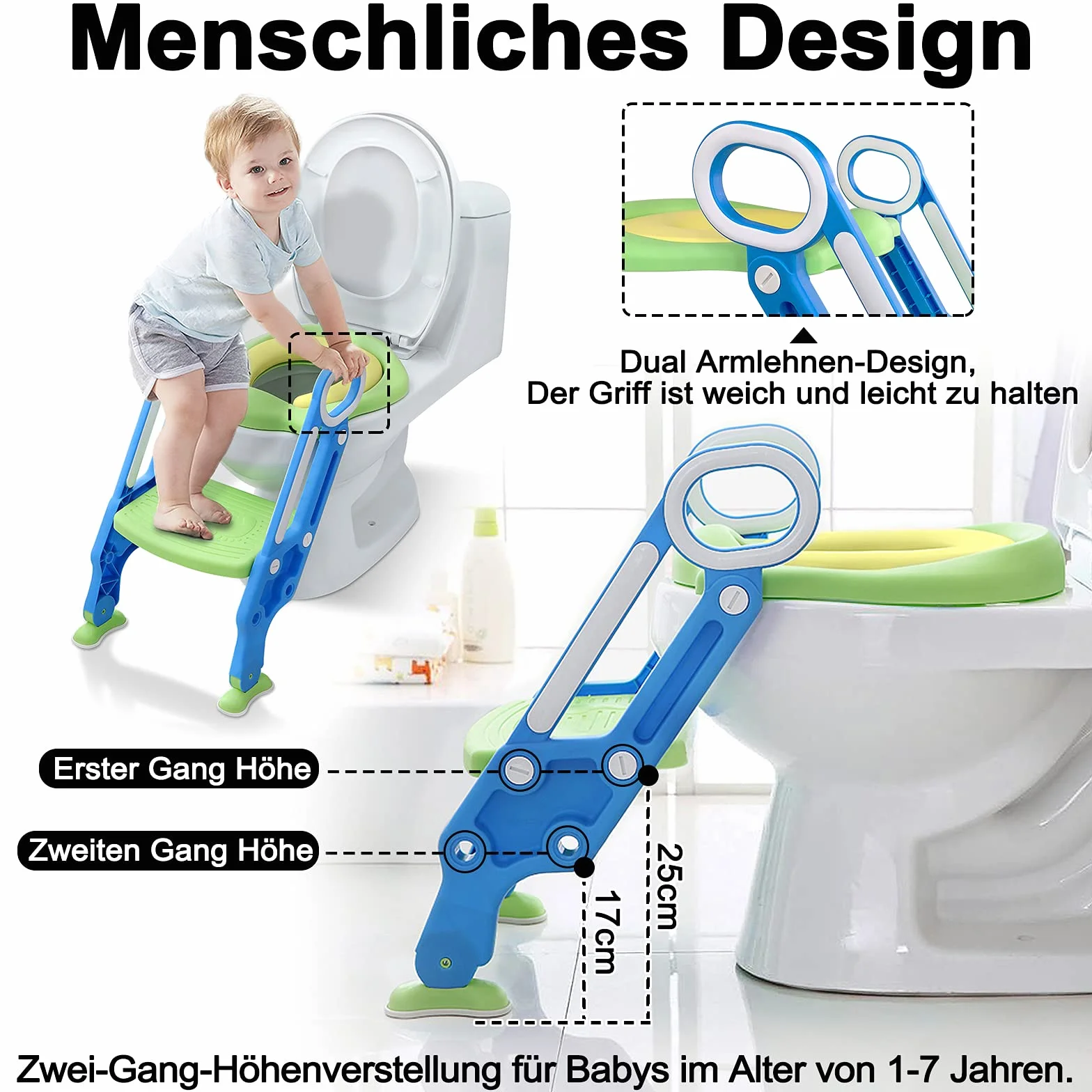 NAIZY Sedia da WC per Bambini con Scala Pieghevole, Regolabile in Altezza, Cuscino Imbottito in PU e Maniglie, Adatta a Bambini da 1 a 7 Anni, Blu e Verde