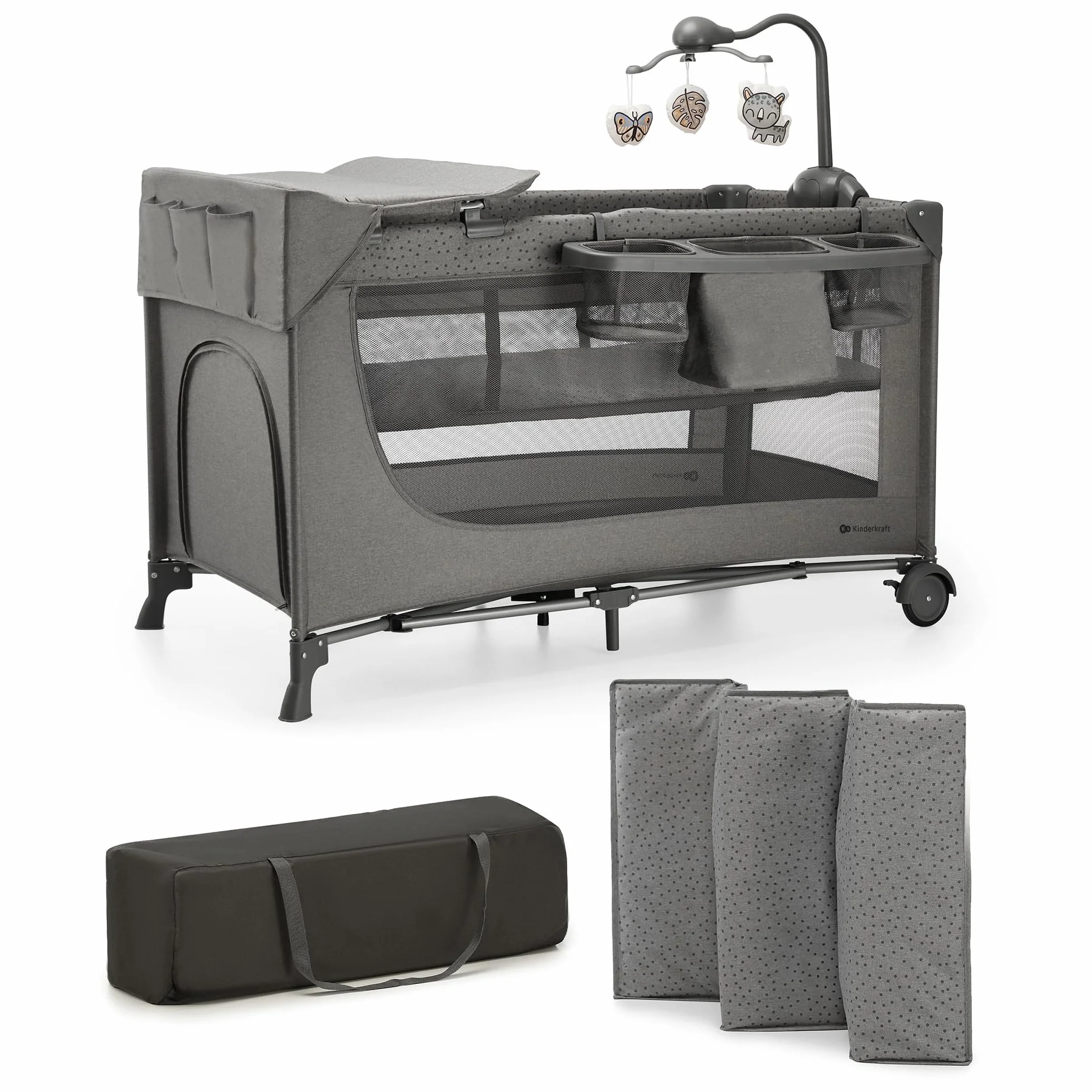 Kinderkraft JOY 2 ACC, 3 in 1 Travel Crib, Baby Travel Cot, Foldable, Grey