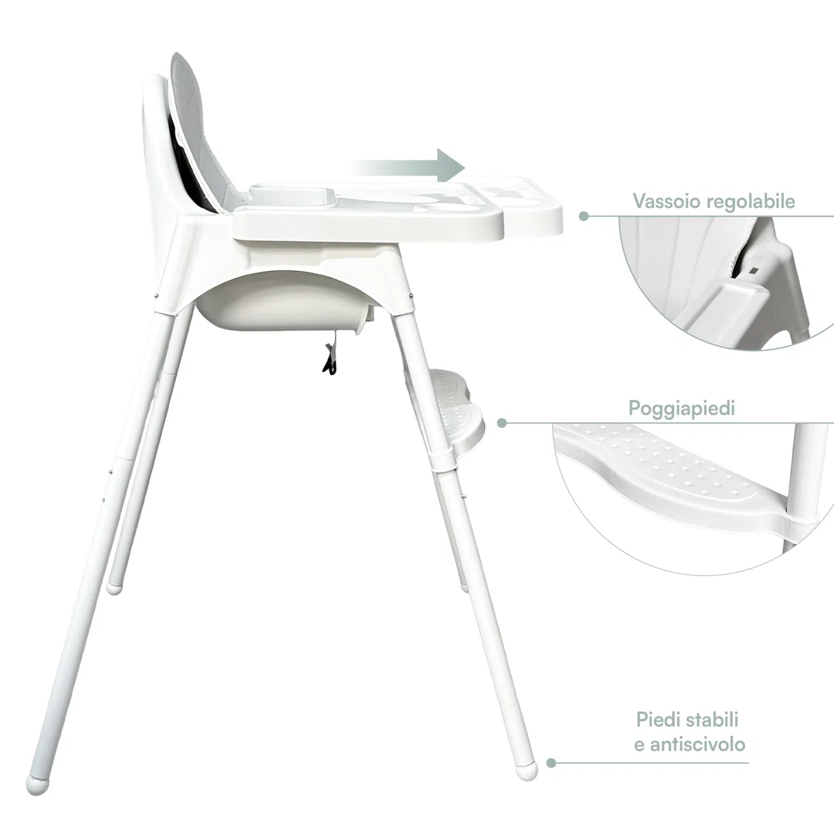 Seggiolone Pappa Bambini 2 Altezze 90/66 cm, Vassoio Removibile Regolabile, Cintura Sicurezza 3 Punti, Rivestimento Imbottito, Piedini Antiscivolo, Massimo 25 kg (Bianco)