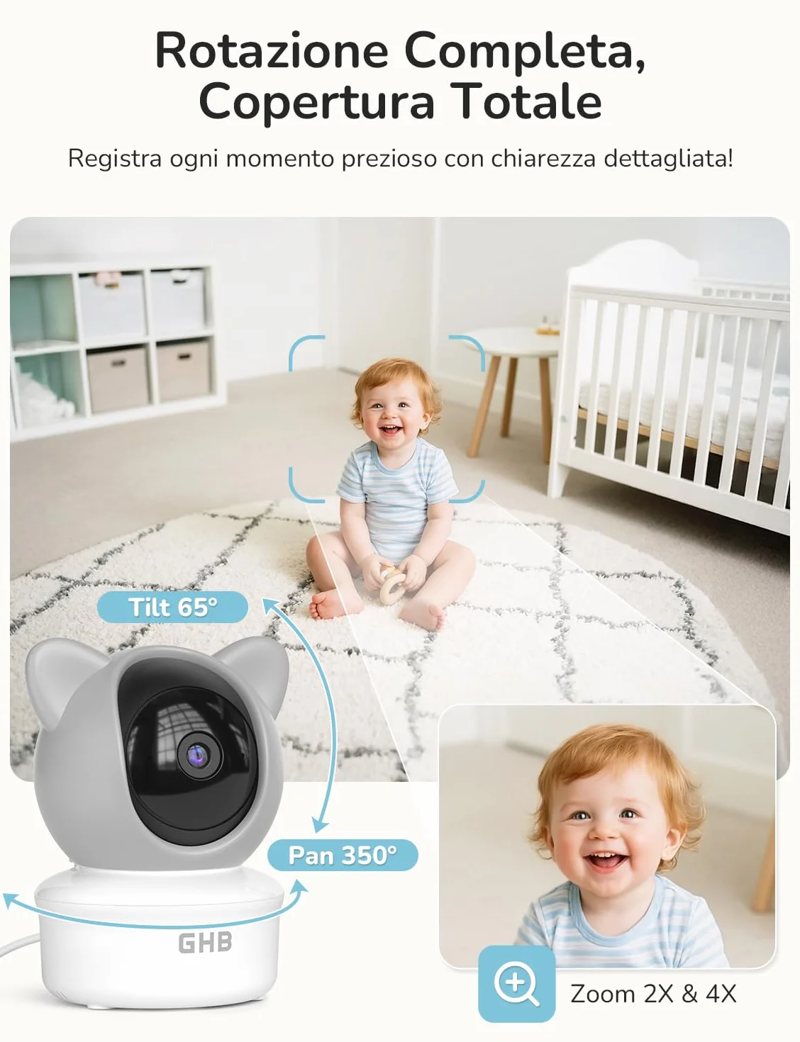 Monitor Baby WiFi con App, IPS 5'', 2K, PTZ 350°/65°, 3000mAh, Rilevamento Movimento/Pianto/Temperatura, Visione Notturna