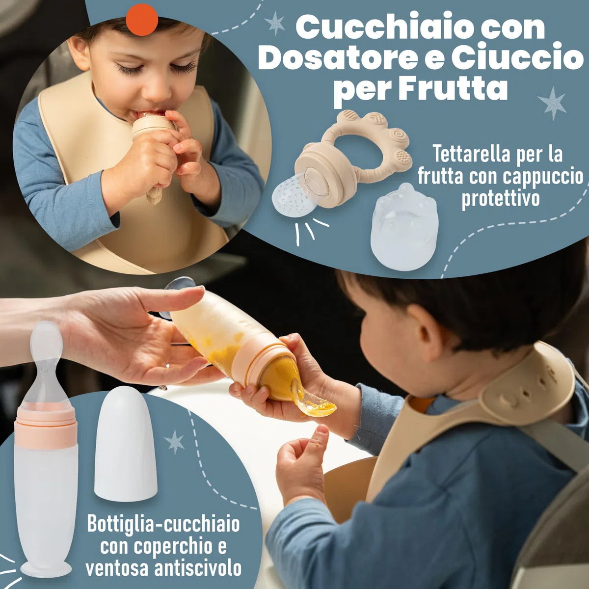 Set Pappa Svezzamento - Set Svezzamento Prima Pappa - Set Svezzamento Neonati - Set Neonato - Cucchiaino Svezzamento con serbatoio dosatore e Ciuccio per Frutta Neonati incluso - Piatto Svezzamento