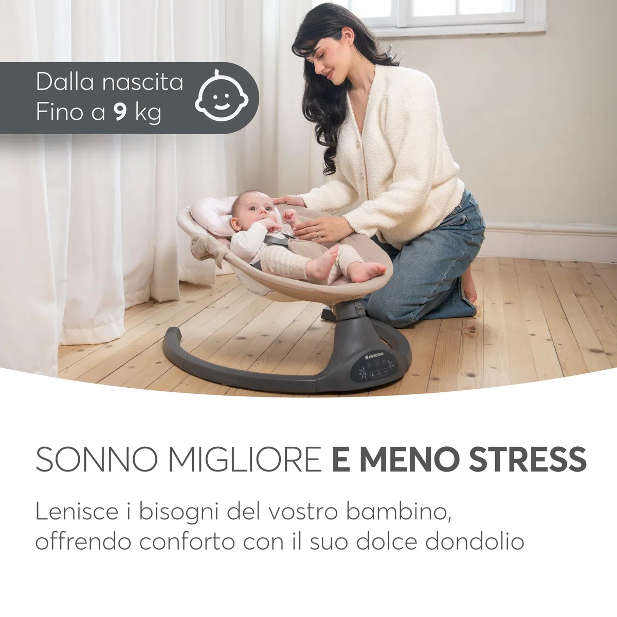 Sdraietta Neonati Elettrica KikkaBoo CODIE, Dondolo Elettrico per Neonati con Bluetooth, 5 Velocità, Schienale Regolabile, 10 Melodie, Fino a 9 kg, Grigio scuro