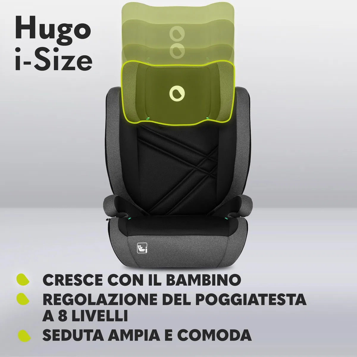 Lionelo Hugo I-size Seggiolino Auto ISOFIX con l'ultima Norma i-Size R129 per bambini Gruppo 2-3 (100-150cm) Poggiatesta a 8 Livelli,Memory Foam,Poggiabraccia,Protezione