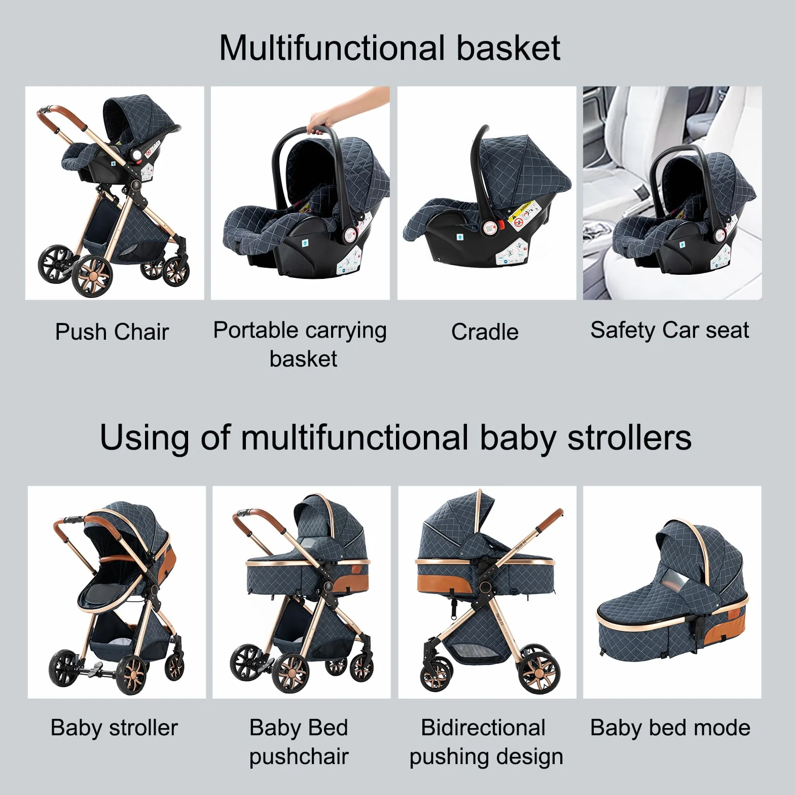 Nine point nine Trio Passeggino Neonati 3 in 1 con Telaio in Alluminio V9 Khaki