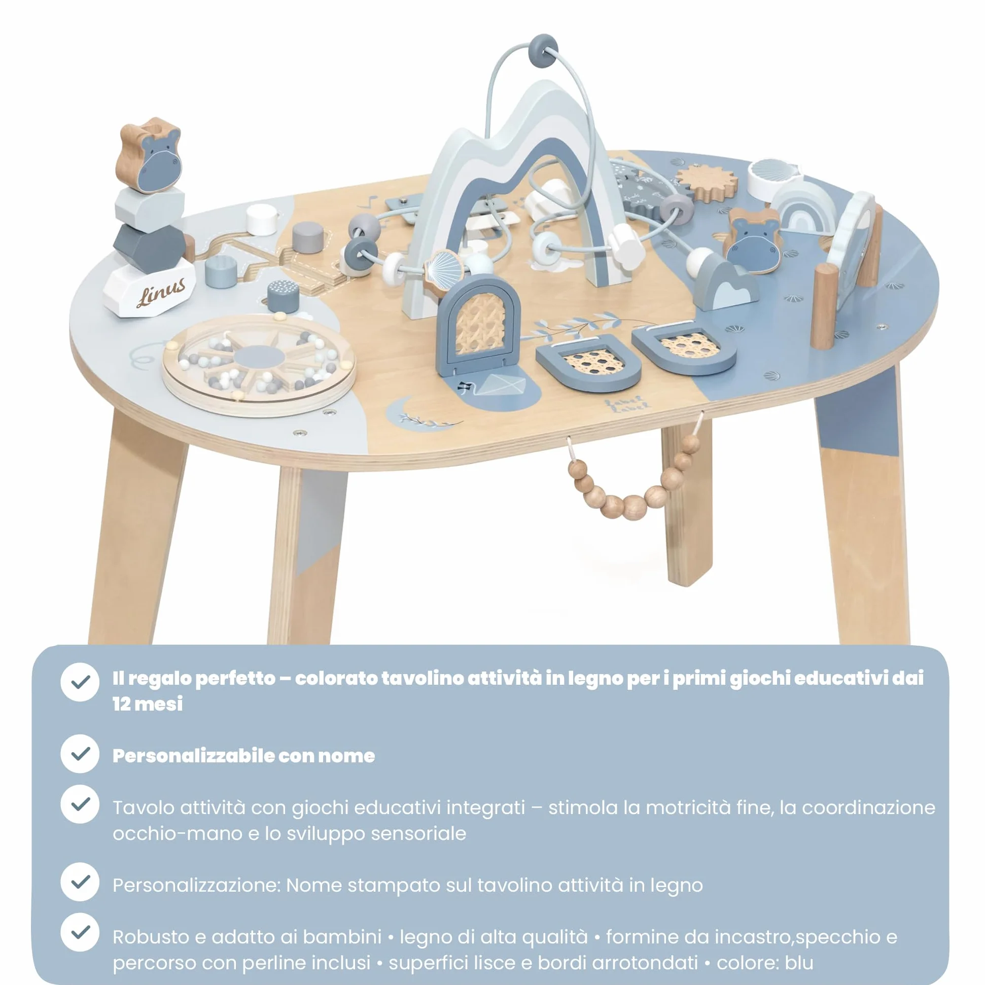 Label Label Personalizzato Tavolo attività in Legno Blu – stimola la motricità fine & Gioco sensoriale per Bambini dai 24 Mesi