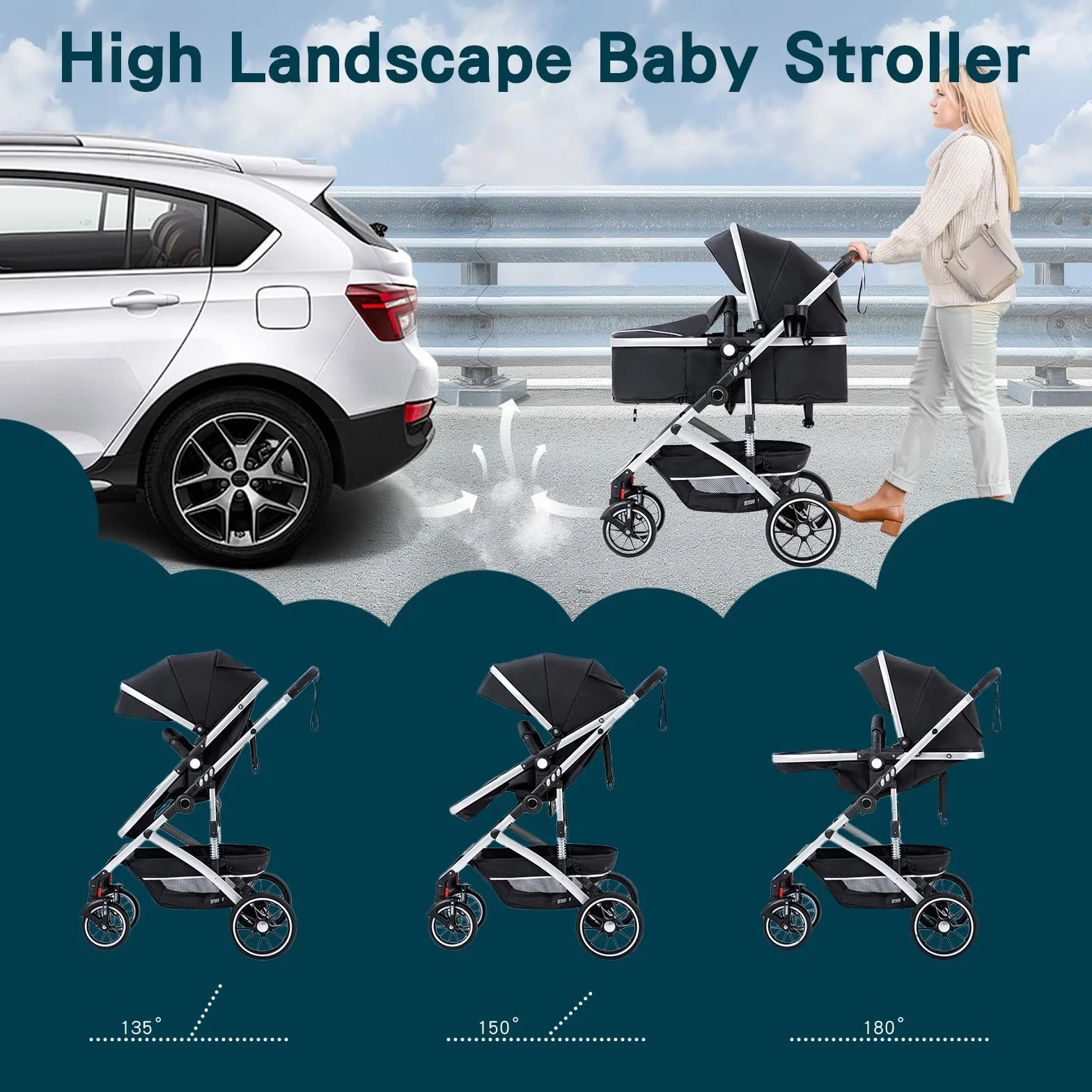 Passeggino 3 in 1 pieghevole per neonati 0-4 anni, sistema viaggio con carrozzina e seggiolino auto, beige