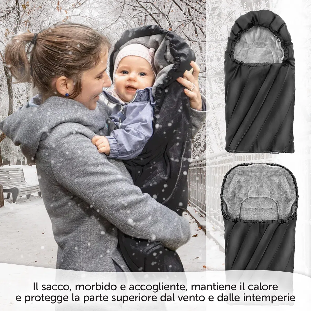 Zamboo Sacco Invernale Ovetto Universale/Sacco Nanna Ovetto Invernale in Thermo Pile, con Fessure per Cintura a 3 o 5 Punti, Con Borsa - Nero