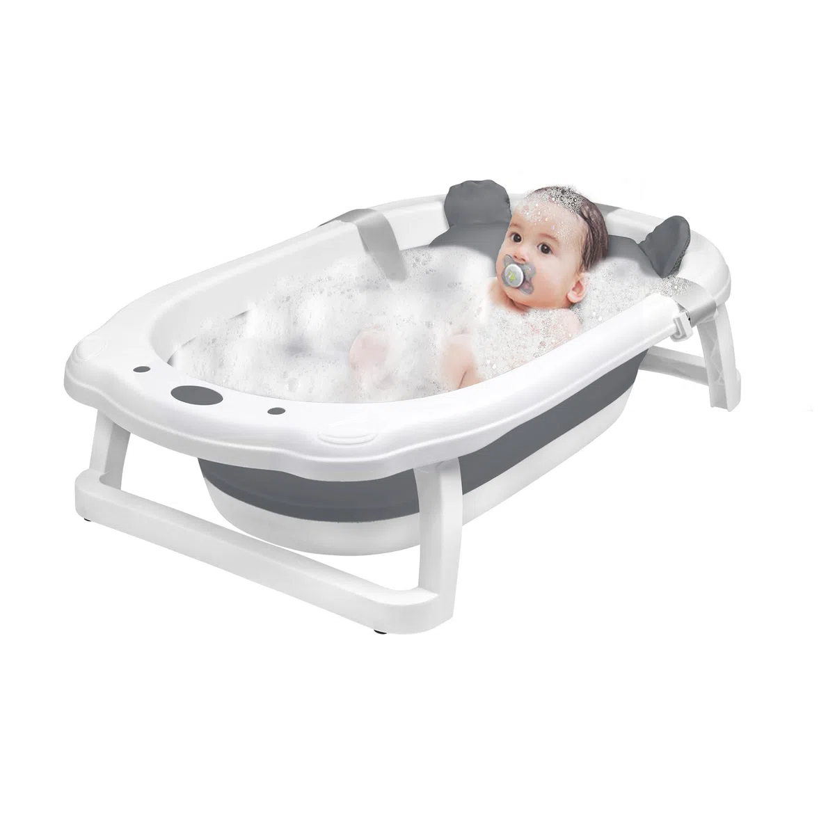Froadp Vasca da bagno pieghevole per neonati con fori di scarico e poggiapiedi antiscivolo, navicella ergonomica per neonati (antracite, con cuscino)