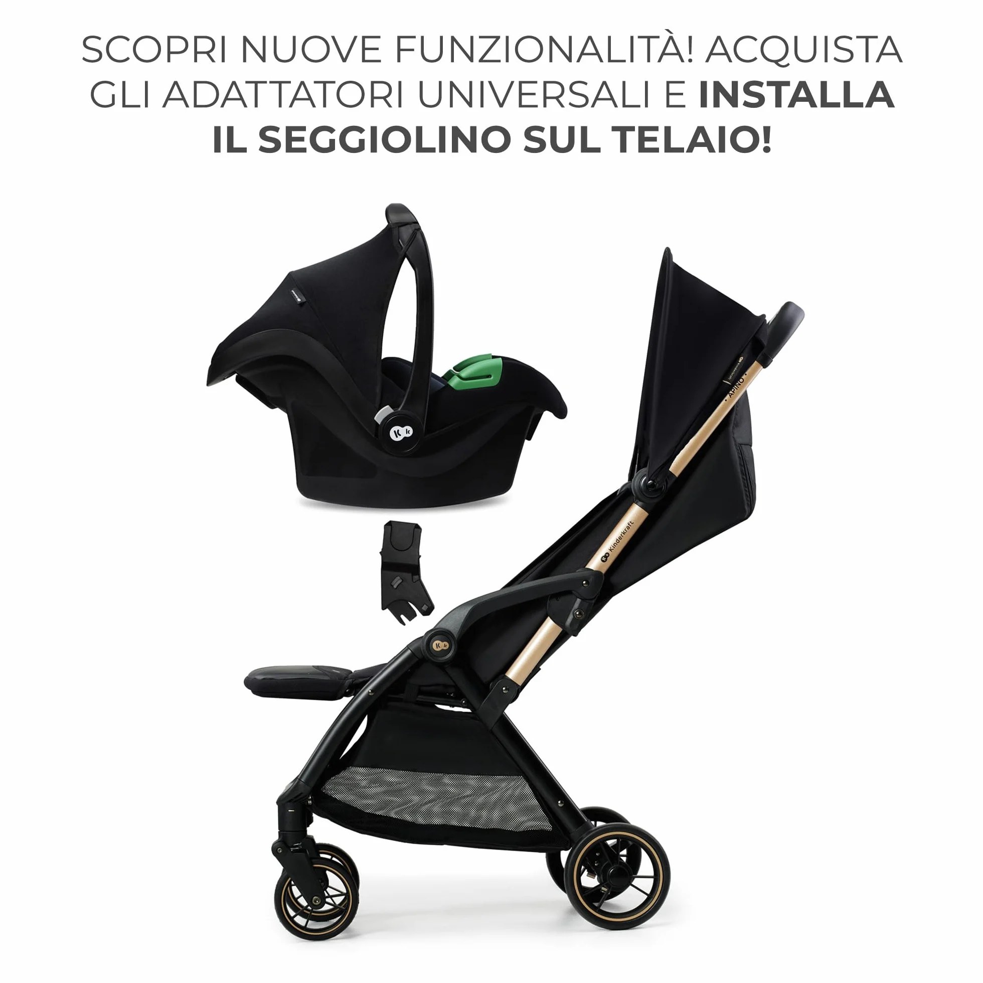 Kinderkraft APINO Passeggino Leggero 22 kg, 7,5 kg, Pieghevole Automatico, Nero