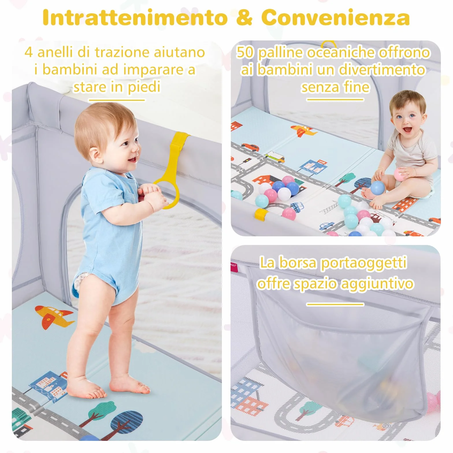 COSTWAY Box per Bambini con Materassino, Recinto per Bambini con 4 Anelli e 50 Palline Colorate, Rete Traspirante, Tasca e Borsa, Box Giochi per Bambino 0-3 Anni (Grigio Chiaro, 189 x 158 cm)