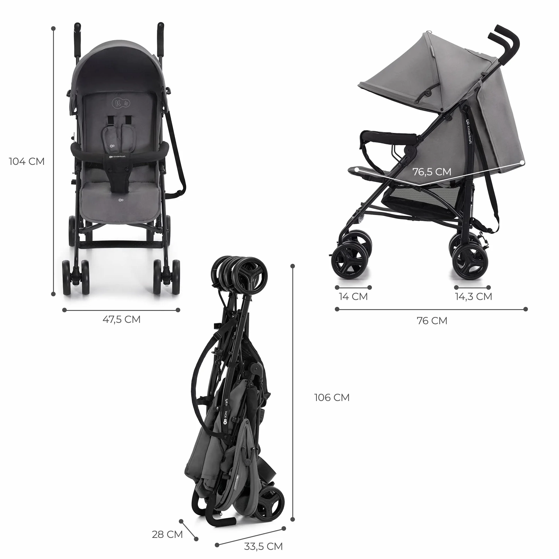 Kinderkraft TIK Passeggino Leggero e Compatto 6,5 kg, Pieghevole, Reclinabile, fino a 15 kg, Grigio