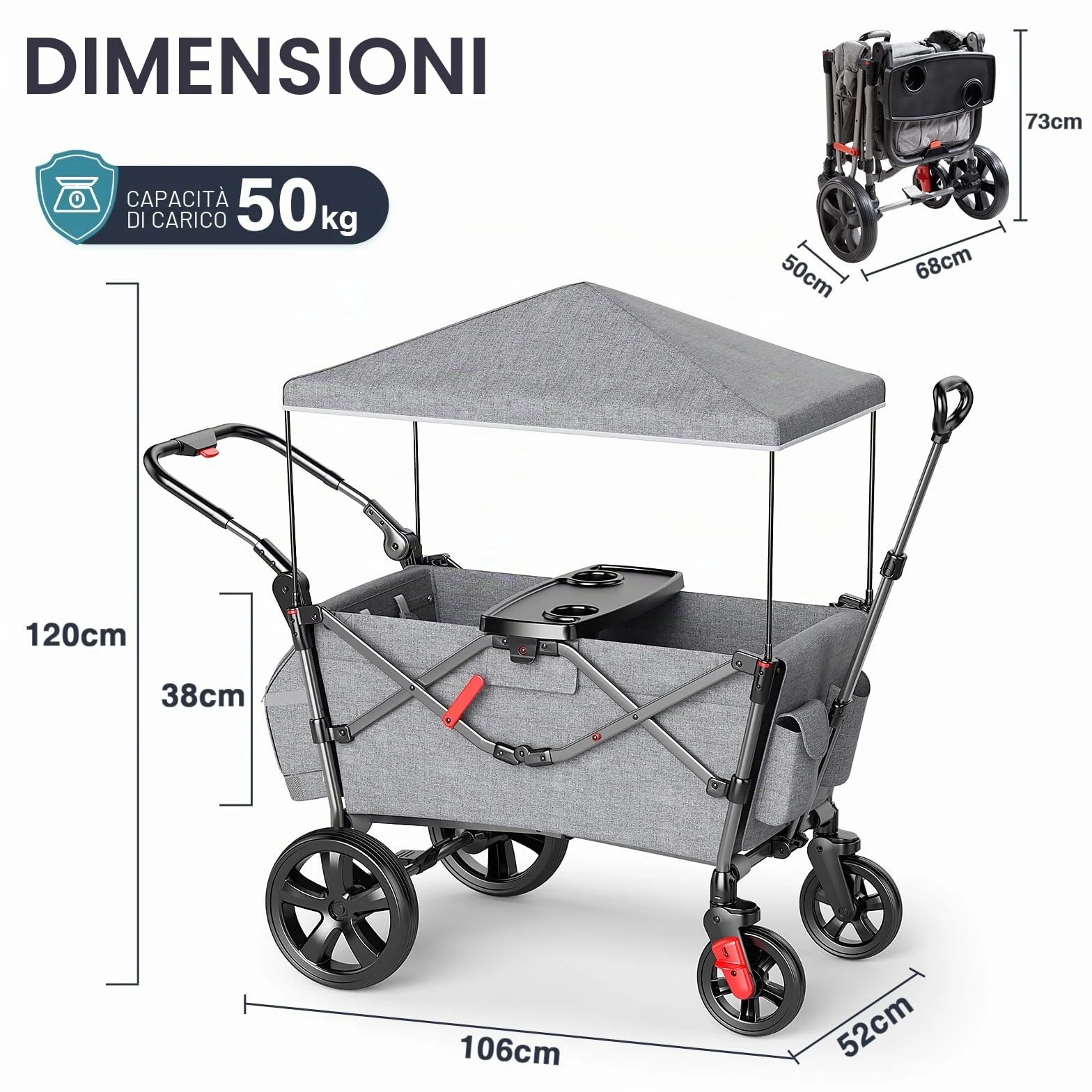 EVER ADVANCED Passeggino pieghevole per bambini con tetto, cintura di sicurezza 2x5 punti, carrello di trasporto con zaino, freno a pedale, capacità 50KG