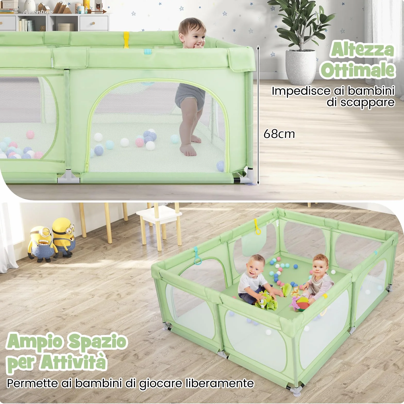 COSTWAY Recinto per Bambini, Box Pieghevole con Rete Traspirante, Centro Attività per Neonati con 50 Palline, Box Giochi per Bambini 0-3 Anni (Verde, 189 x 158 cm)